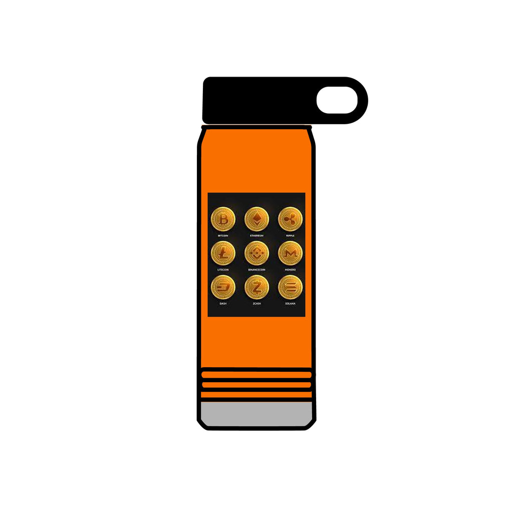 Gold Crypto Coins Grid Water Bottle | Cryptocurrency Bitcoin Design, 20oz