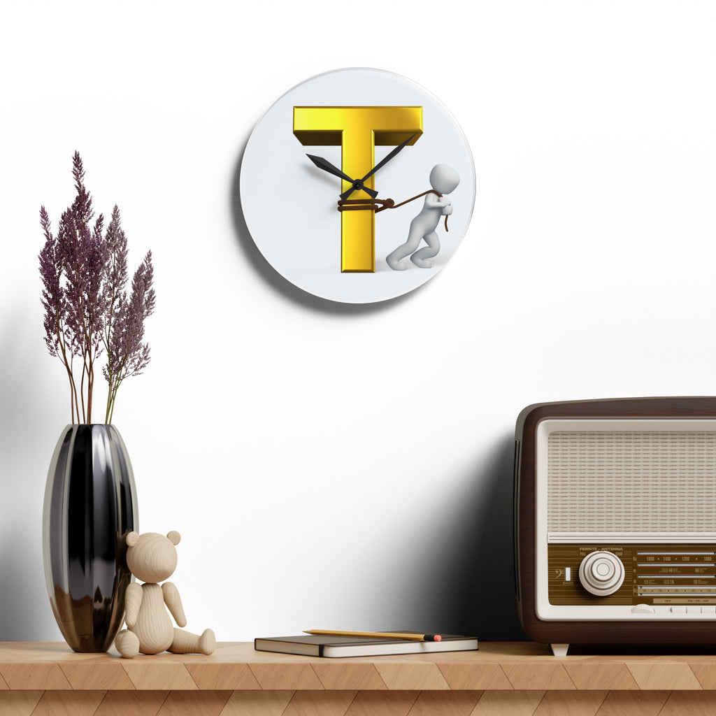 Gold Letter T with Figure Acrylic Wall Clock | Initial T Décor