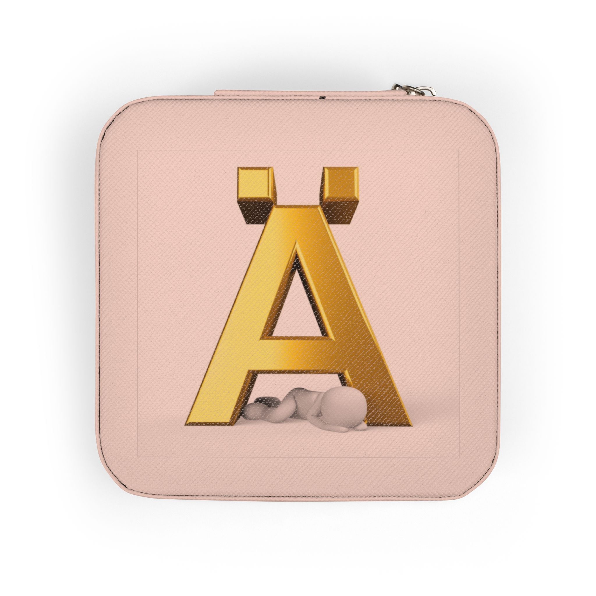 Gold Letter Ä monogram Jewelry Travel Case, Compact Pink Jewelry Box