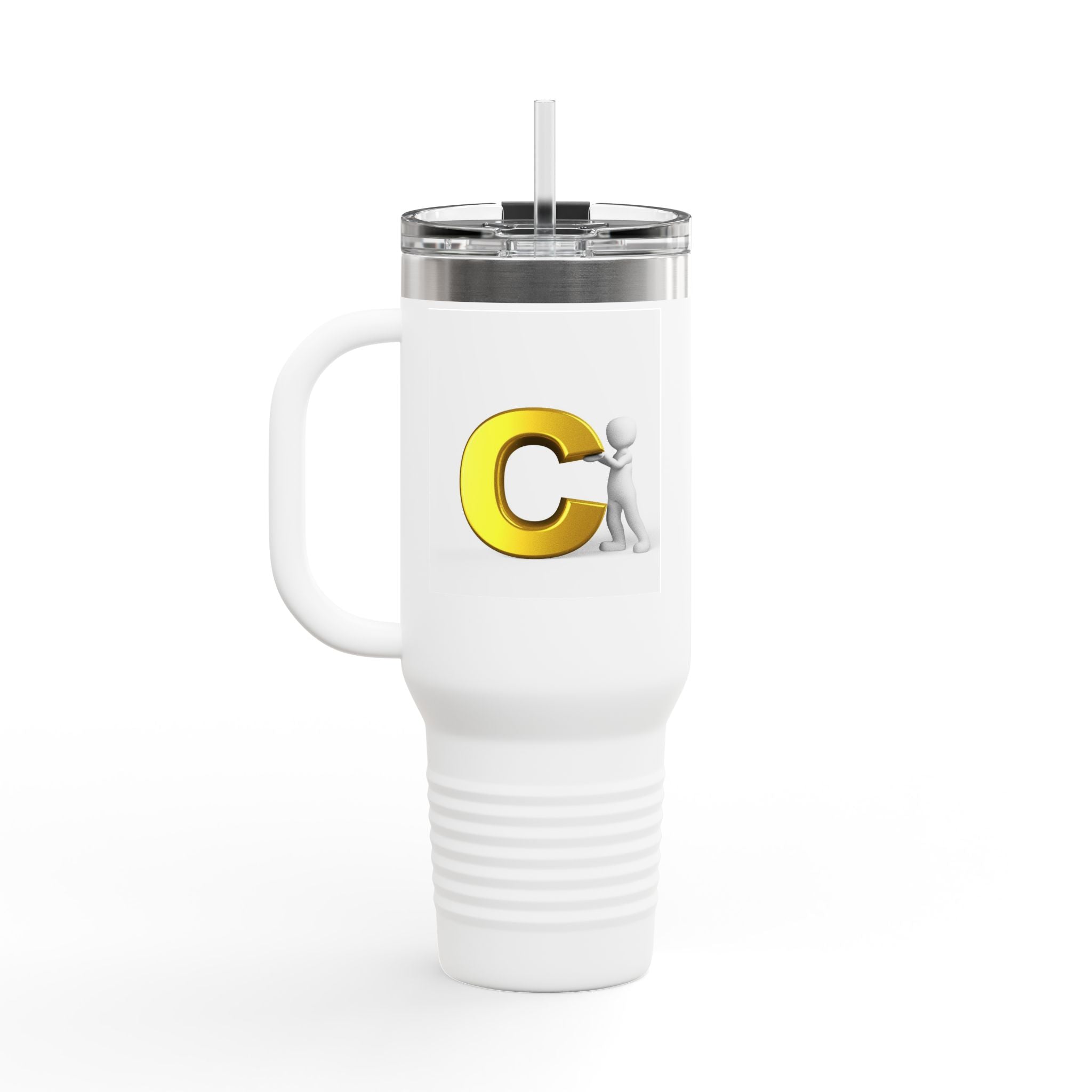 3D Character Leaning on Yellow Letter C Travel Mug | 40oz Insulated Tumbler