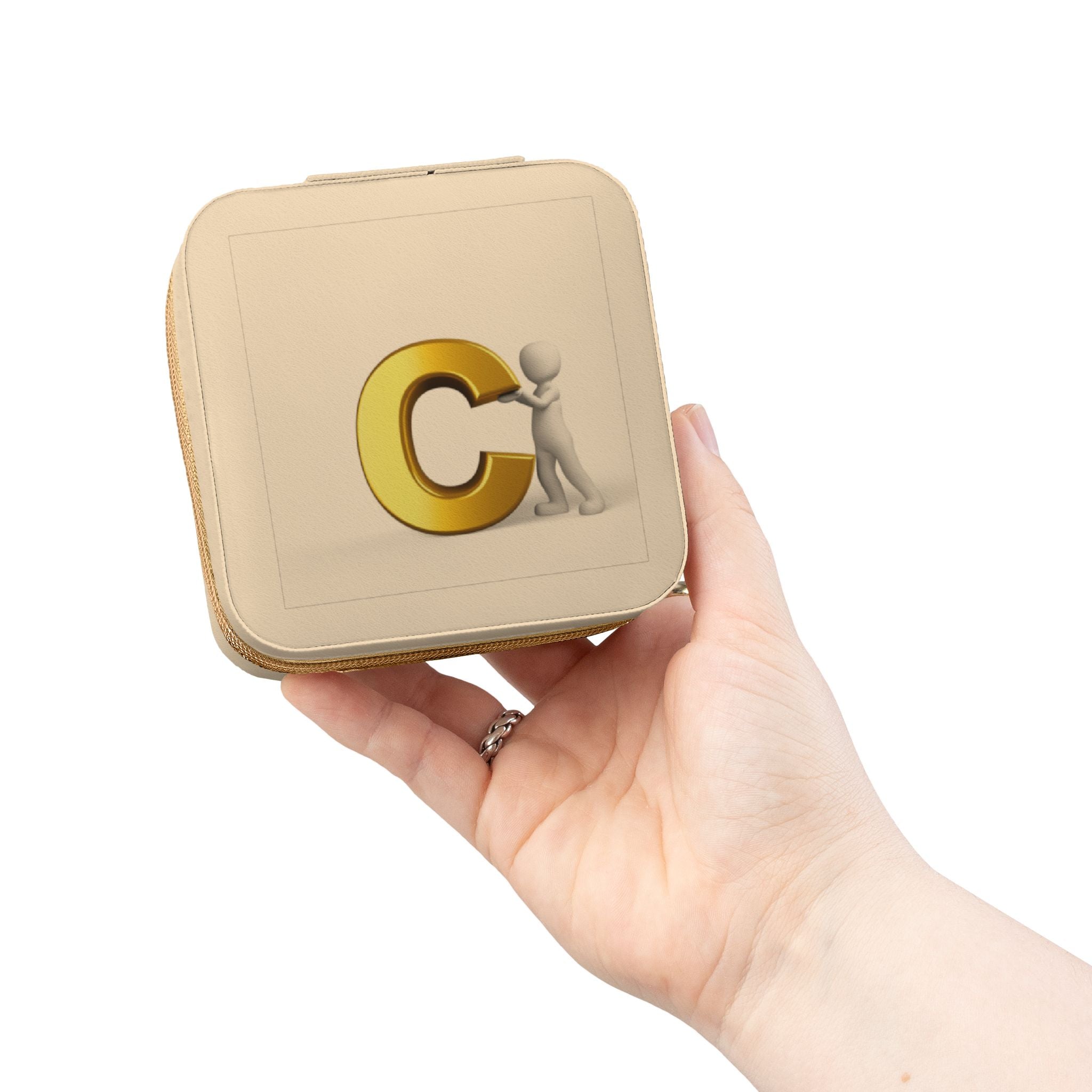 Étui de voyage compact rose pour bijoux initial C lettre dorée