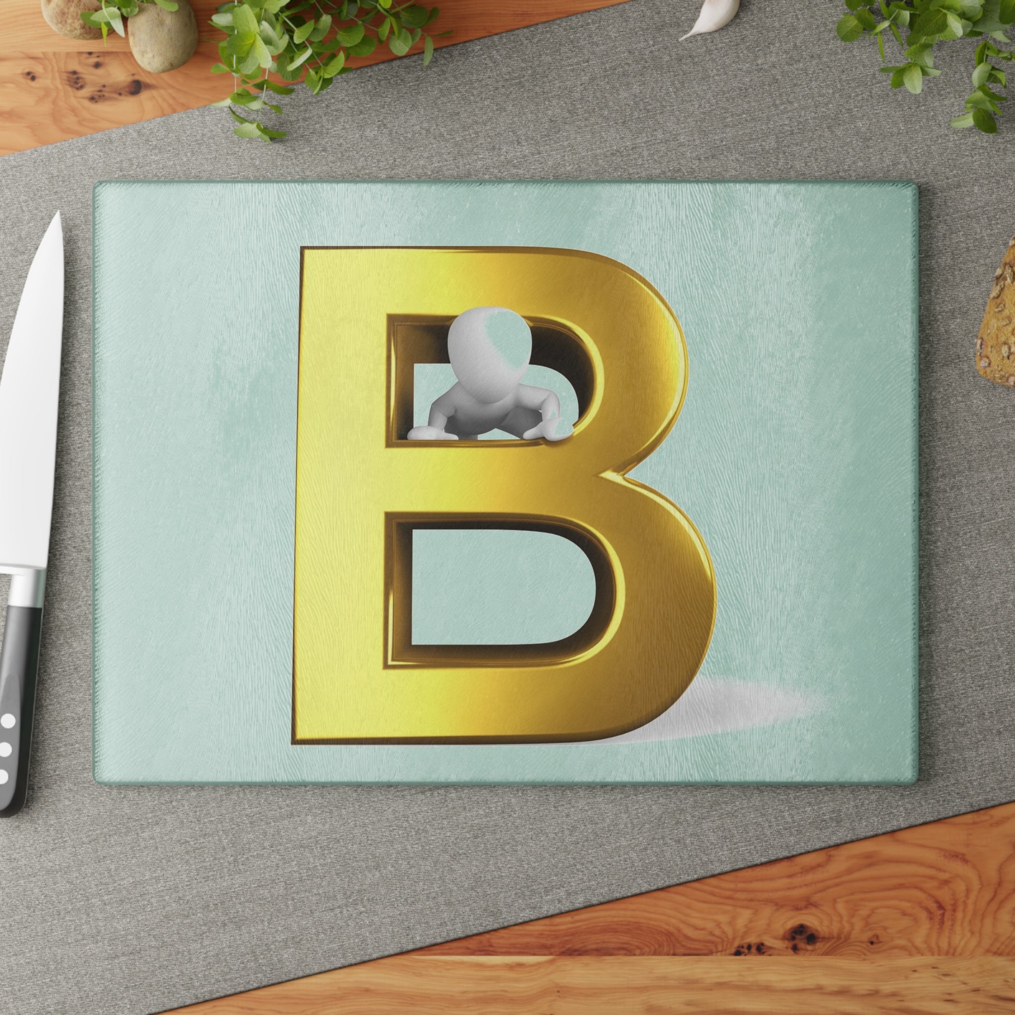 Gold Letter B with 3D Figure Glass Cutting Board | Alphabet Initial Kitchen Decor