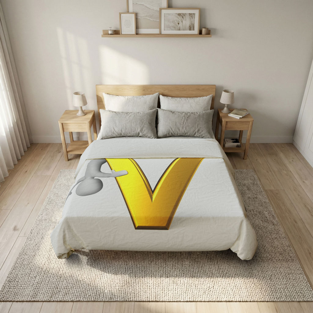 3D Stick Figure Gold Letter V Duvet Cover