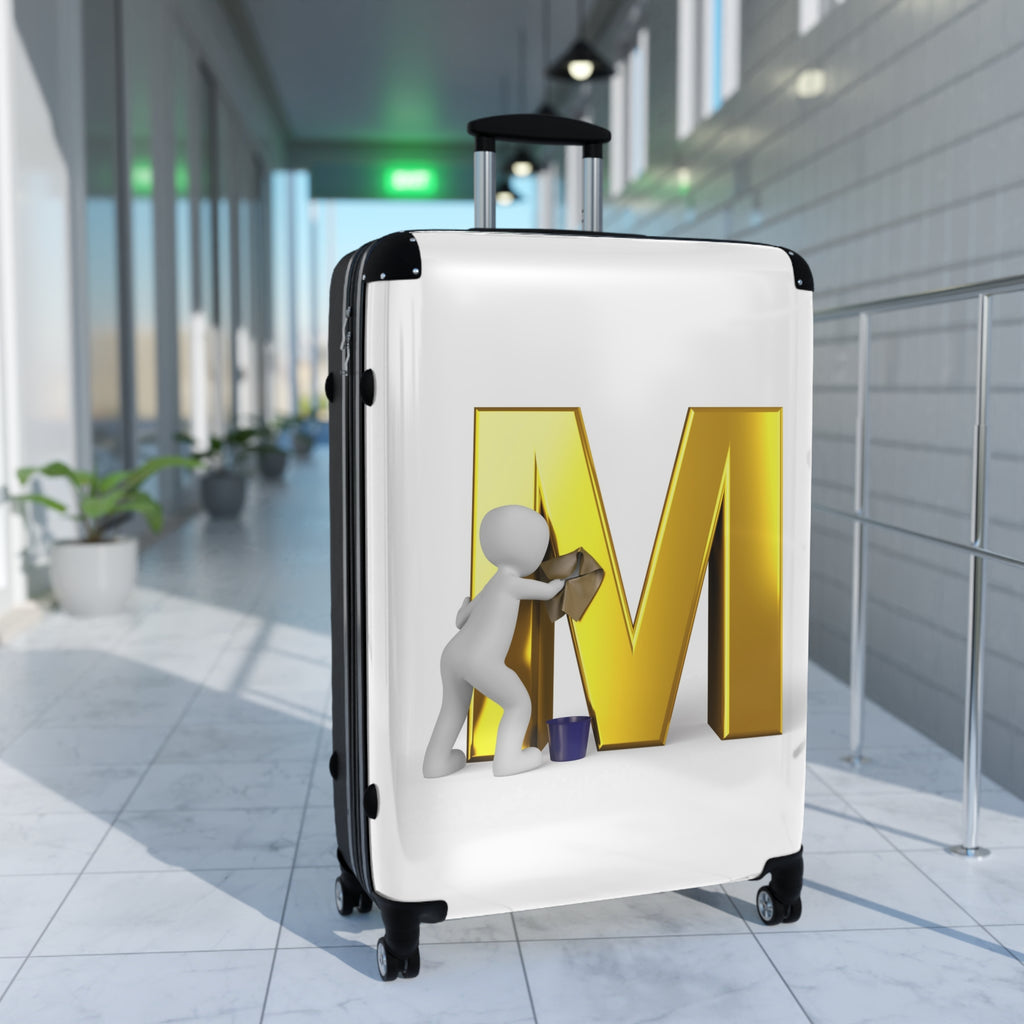 3D Person Cleaning Gold Letter M Suitcase | Luggage