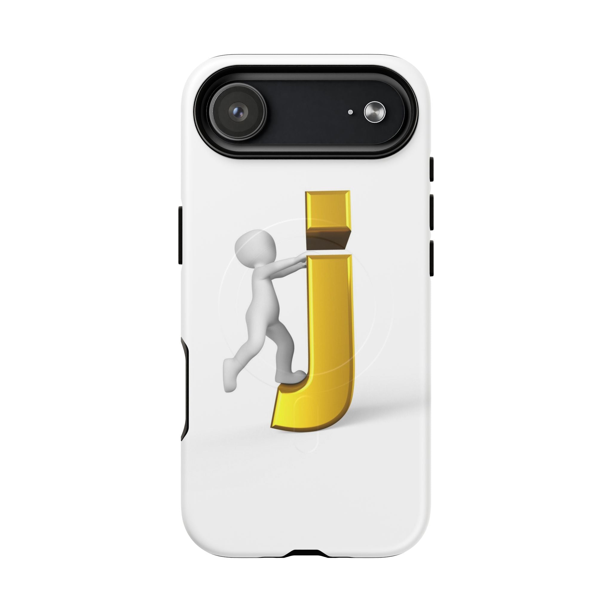 Coque de téléphone 3D Bonhomme allumette Poussant la lettre J dorée | Coque magnétique robuste