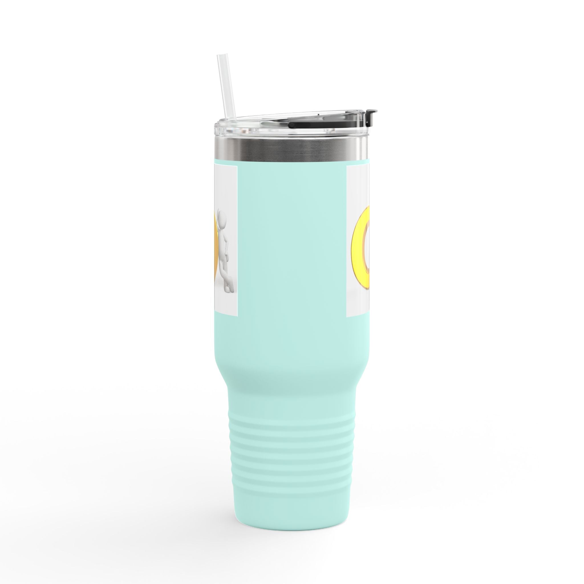 Personne 3D poussant une lettre O en or sur un gobelet de voyage | Gobelet isotherme de 40 oz