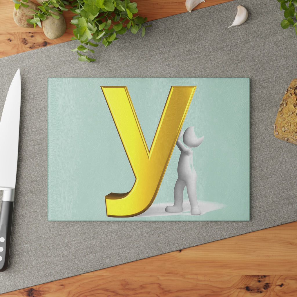 Yellow 3D Letter Y with Figure Glass Cutting Board | Alphabet Kitchen Décor