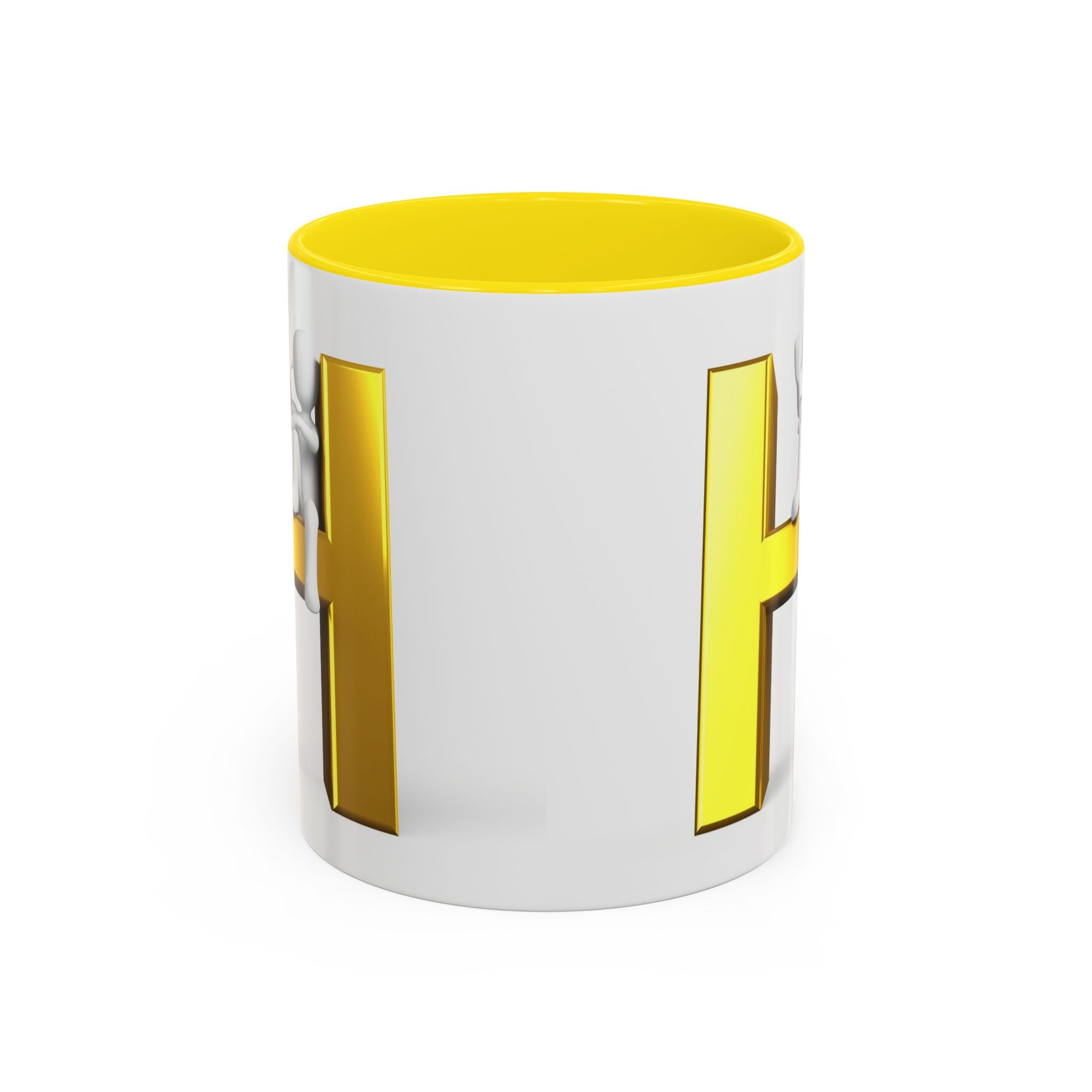 Mug en céramique avec bonhomme allumette 3D accroché à la lettre H dorée | Mug à anse de couleur