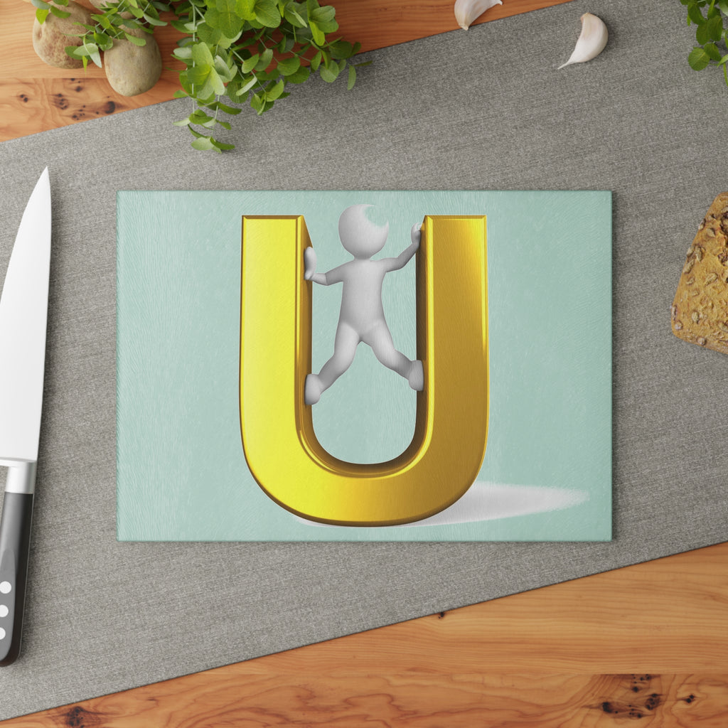 3D Figure Climbing Gold Letter U Glass Cutting Board | Monogram Initial Kitchen Decor