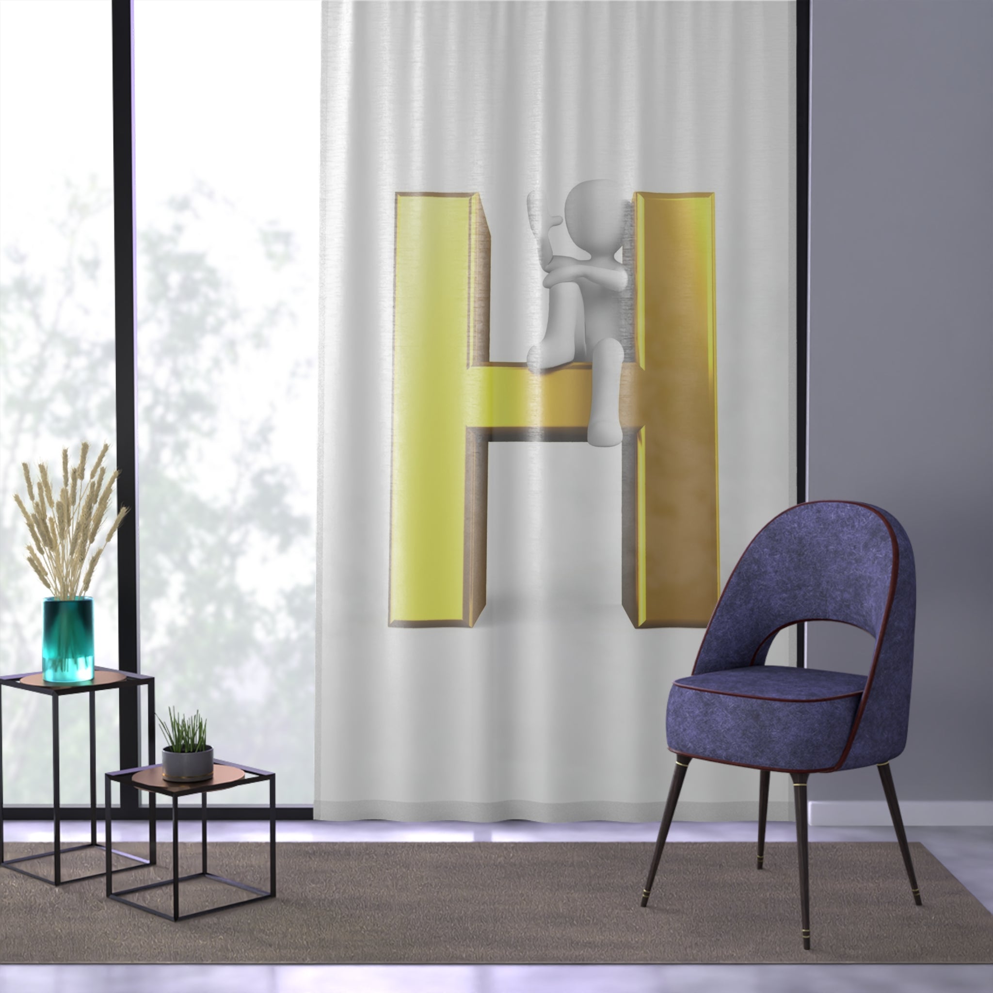 3D Gold Letter H with Climbing Figure Window Curtain | Monogram Initial Decor