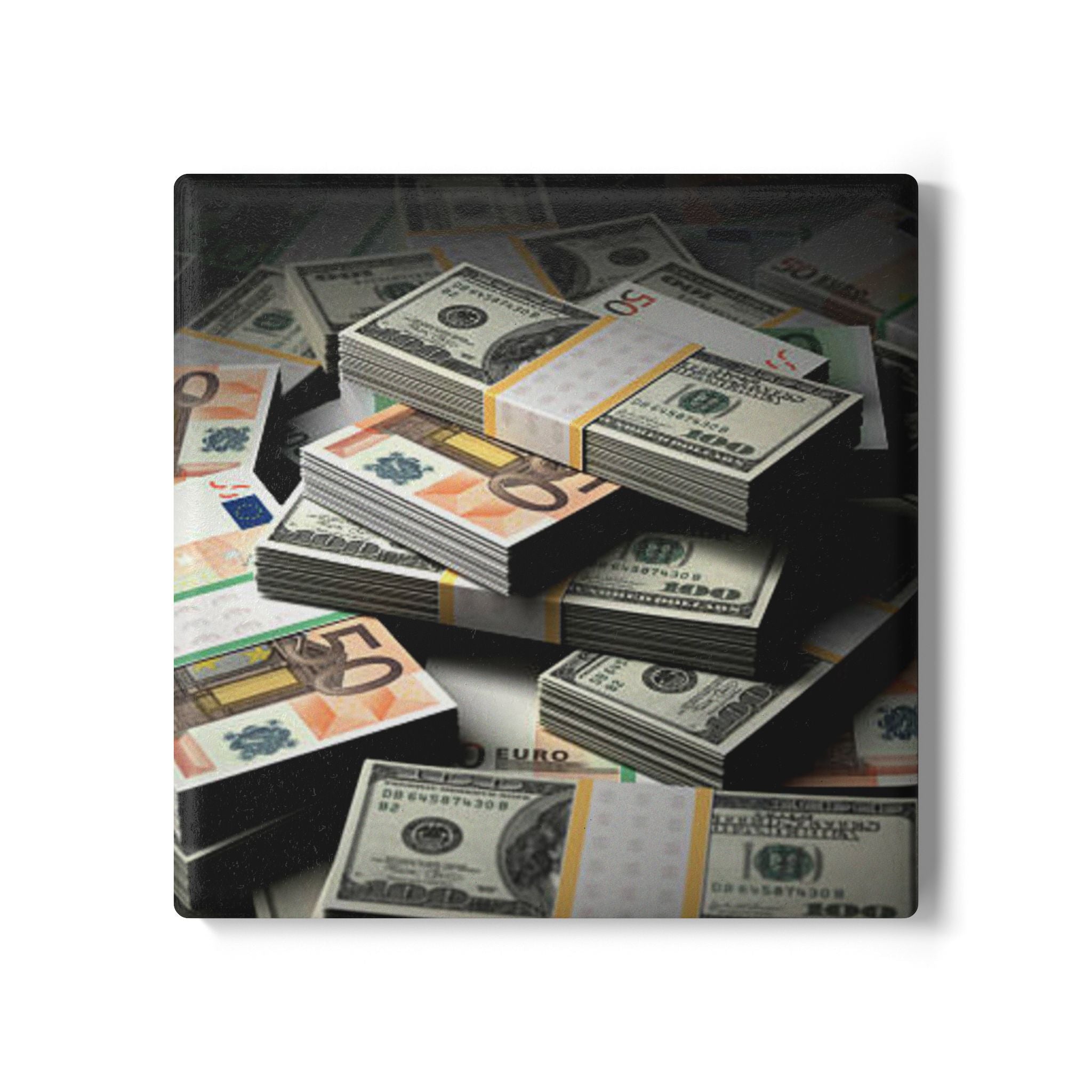 Stacked Cash ceramic coaster | money print, cork back, drink coaster