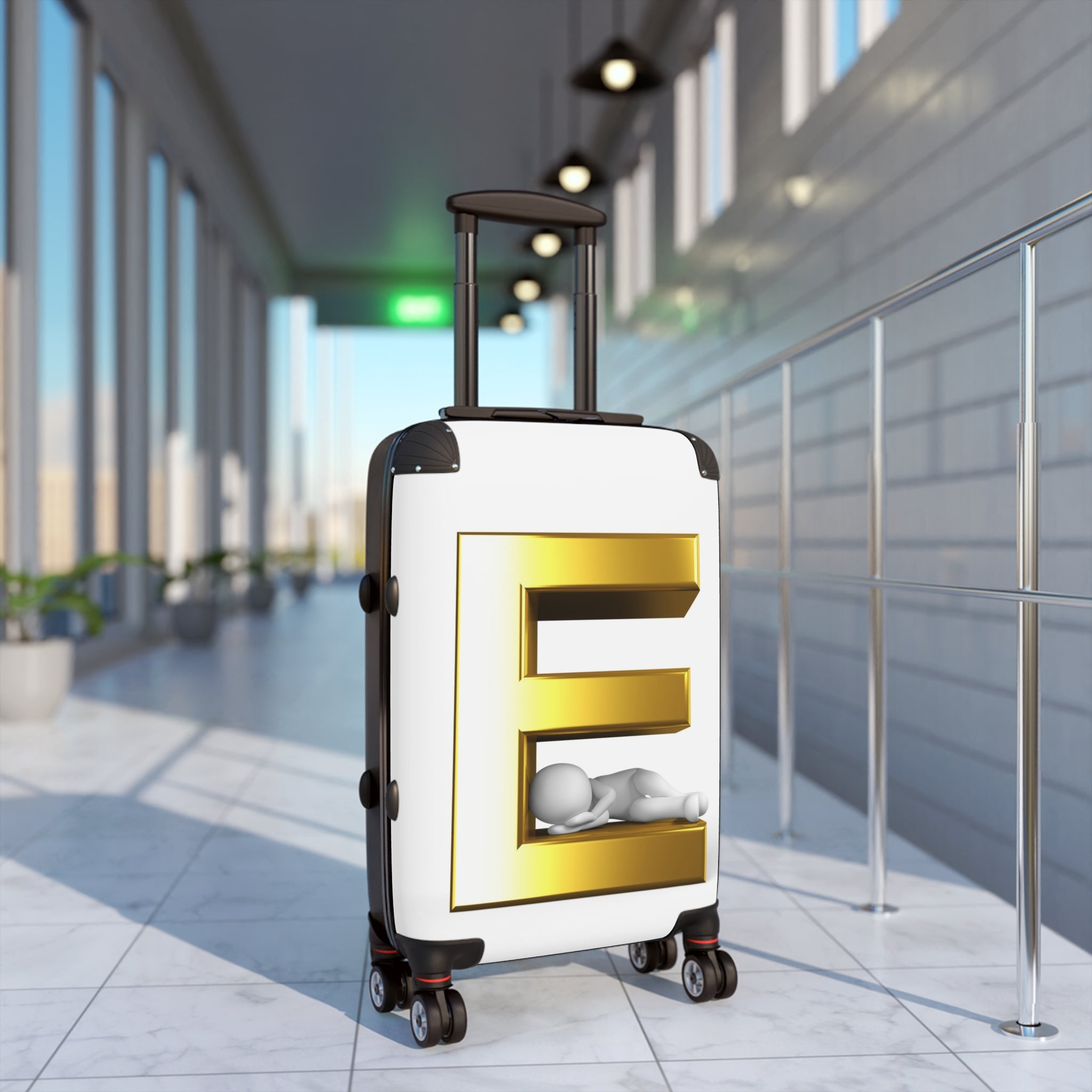 Gold 3D Letter E with Sleeping Figure Suitcase | Personalized Monogram Luggage