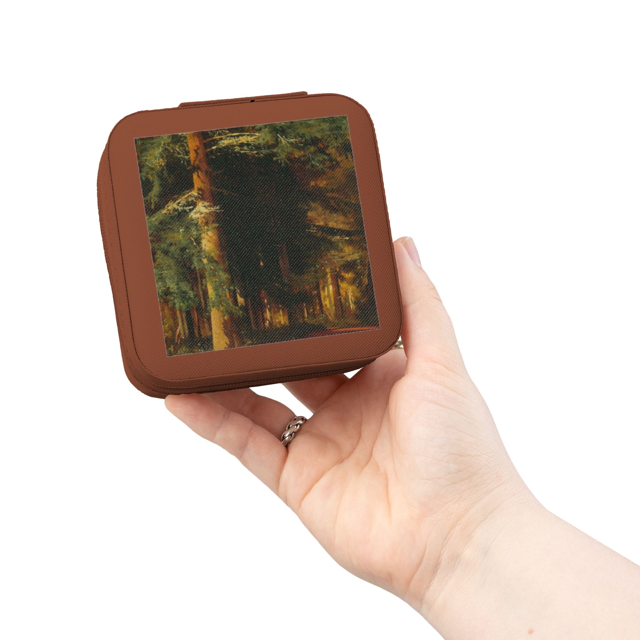 Étui de voyage pour bijoux en forme de carré compact avec peinture à l'huile de forêt | Boîte à bijoux carrée compacte