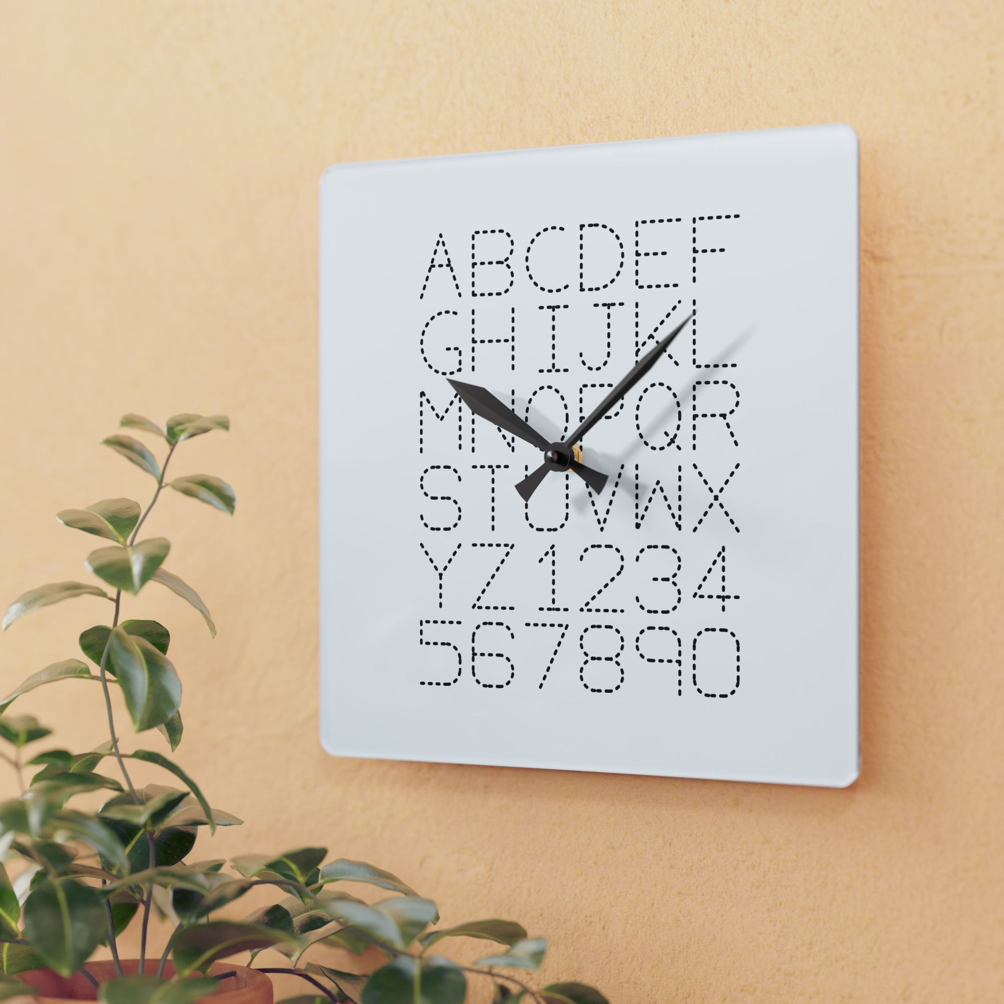 Alphabet and Numbers Dot Grid Acrylic Wall Clock | Modern Typography Home Decor