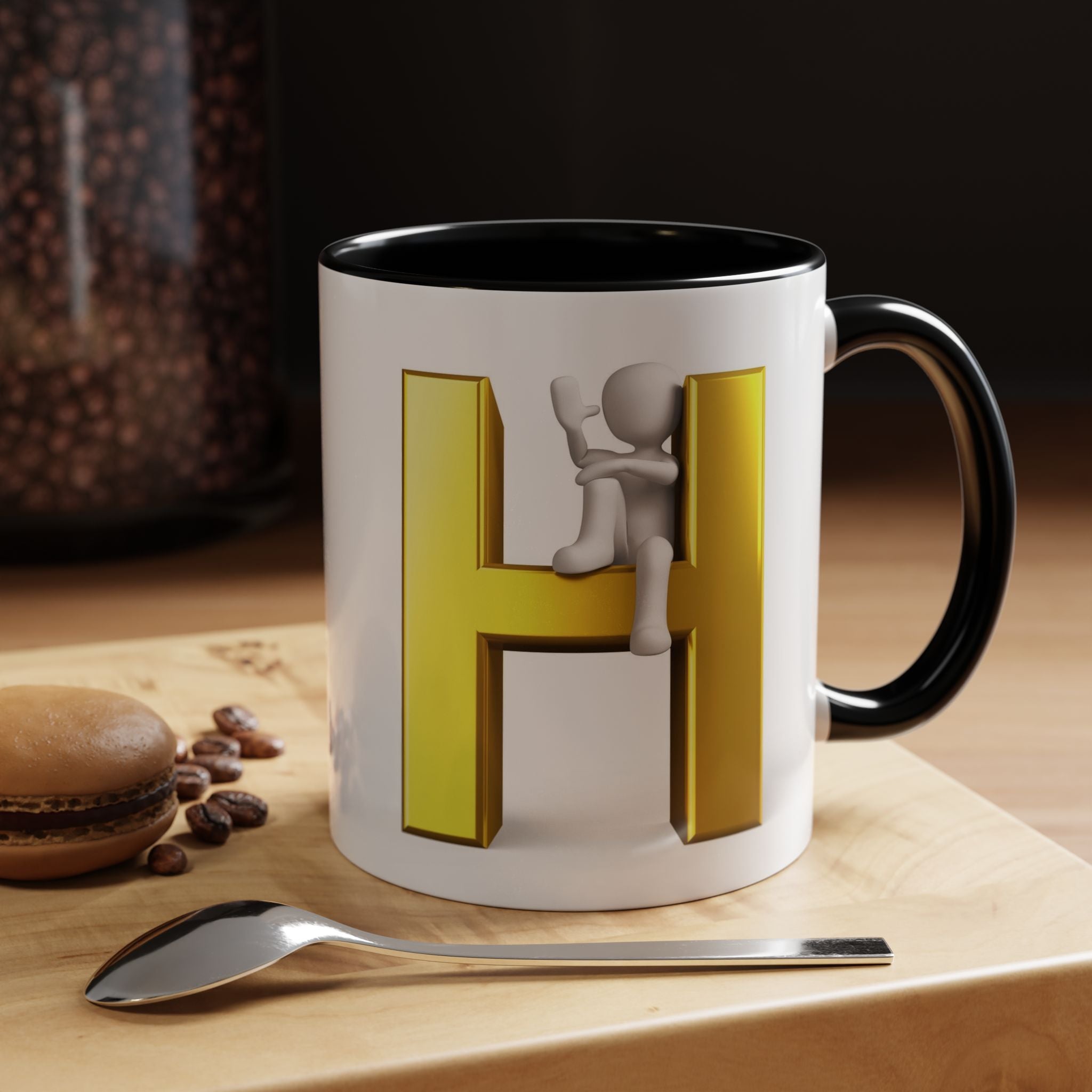 Mug en céramique avec bonhomme allumette 3D accroché à la lettre H dorée | Mug à anse de couleur