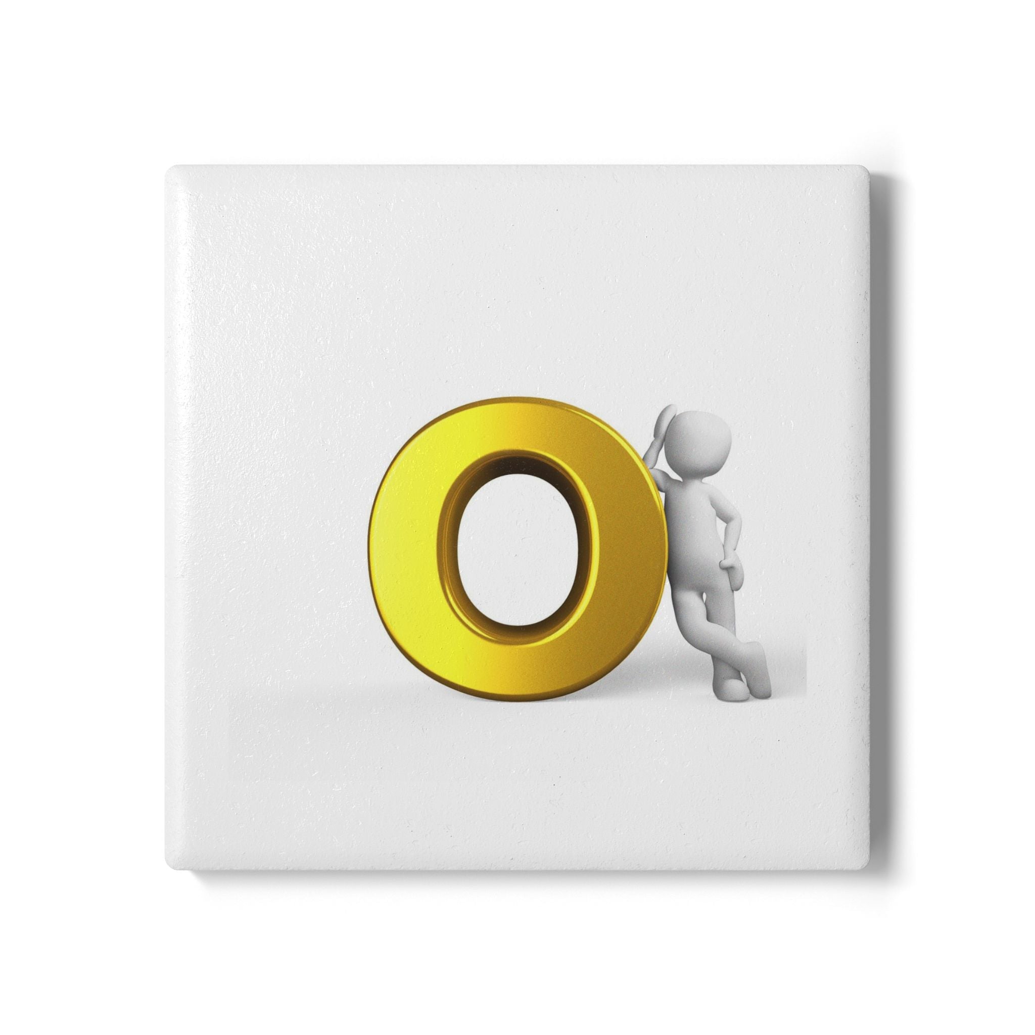 Gold O Letter Leaning Figure ceramic coaster | Monogram Initial O coaster