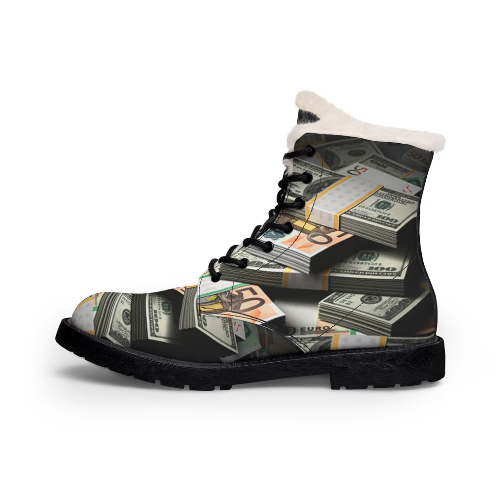 Stacked Cash Print Boots | Fur-Lined Leather Boots