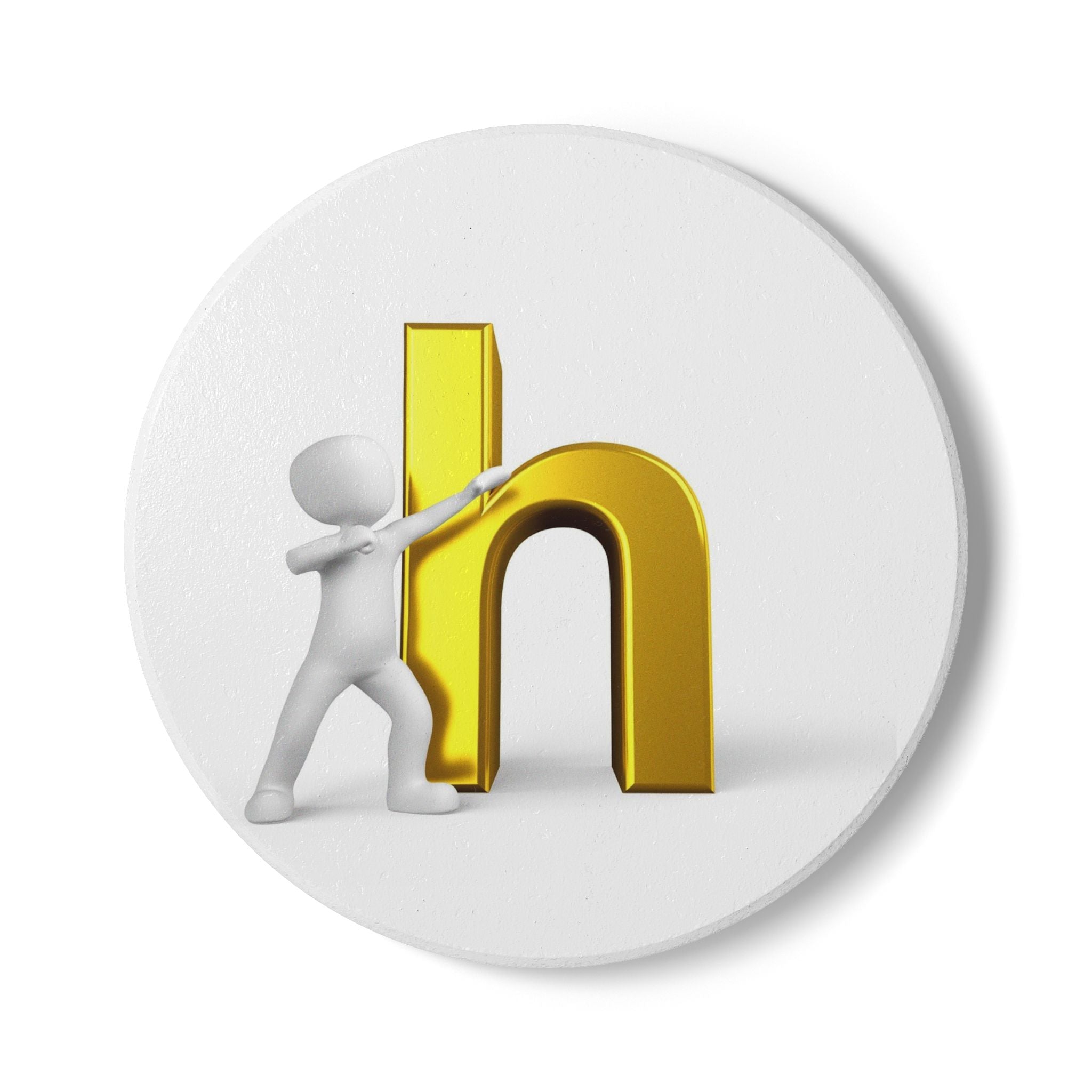 3D Figure Pushing Gold Letter H Ceramic Coaster | Cork Back Round Drink Mat