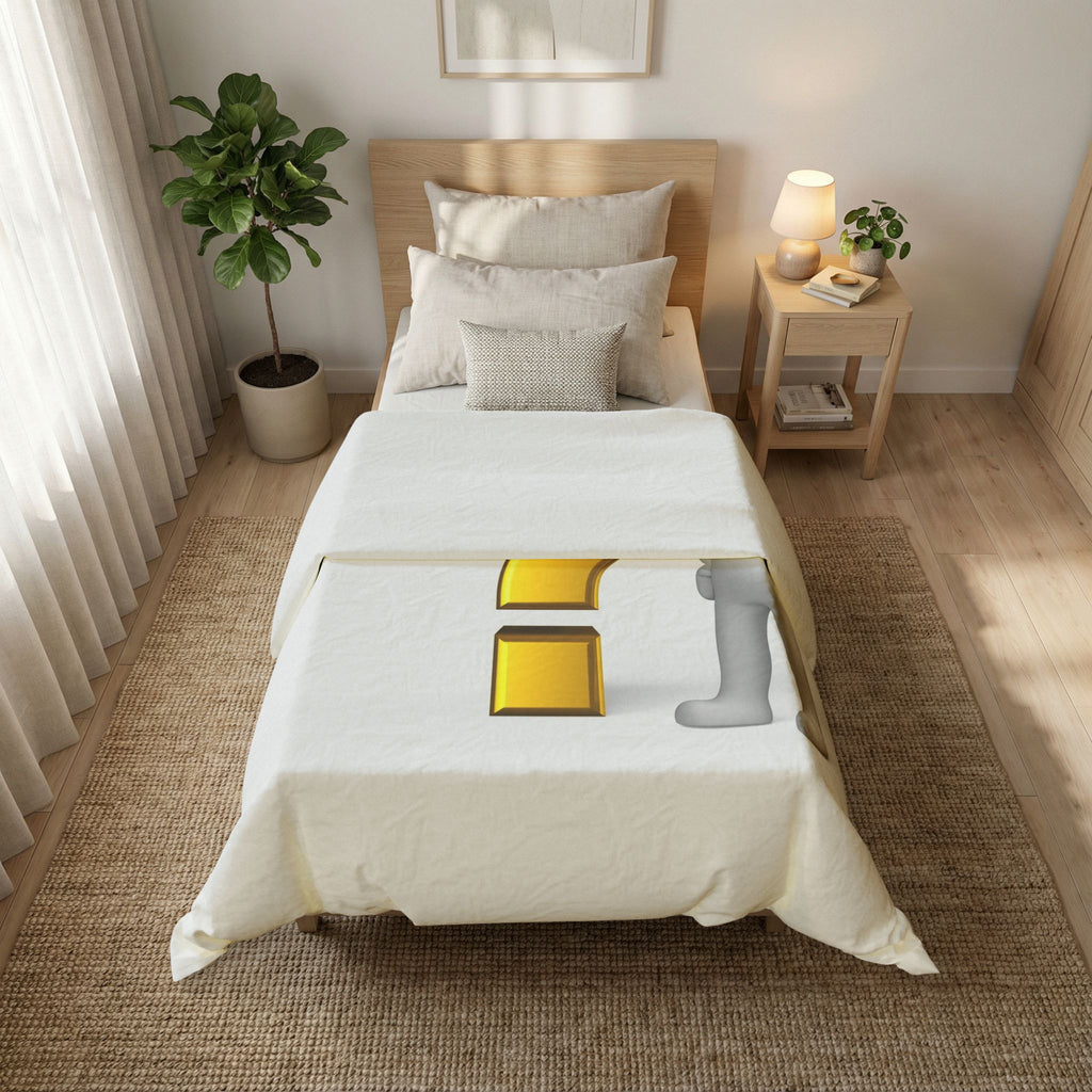 3D Gold Question Mark with Thinking Figure Duvet Cover | White Cotton