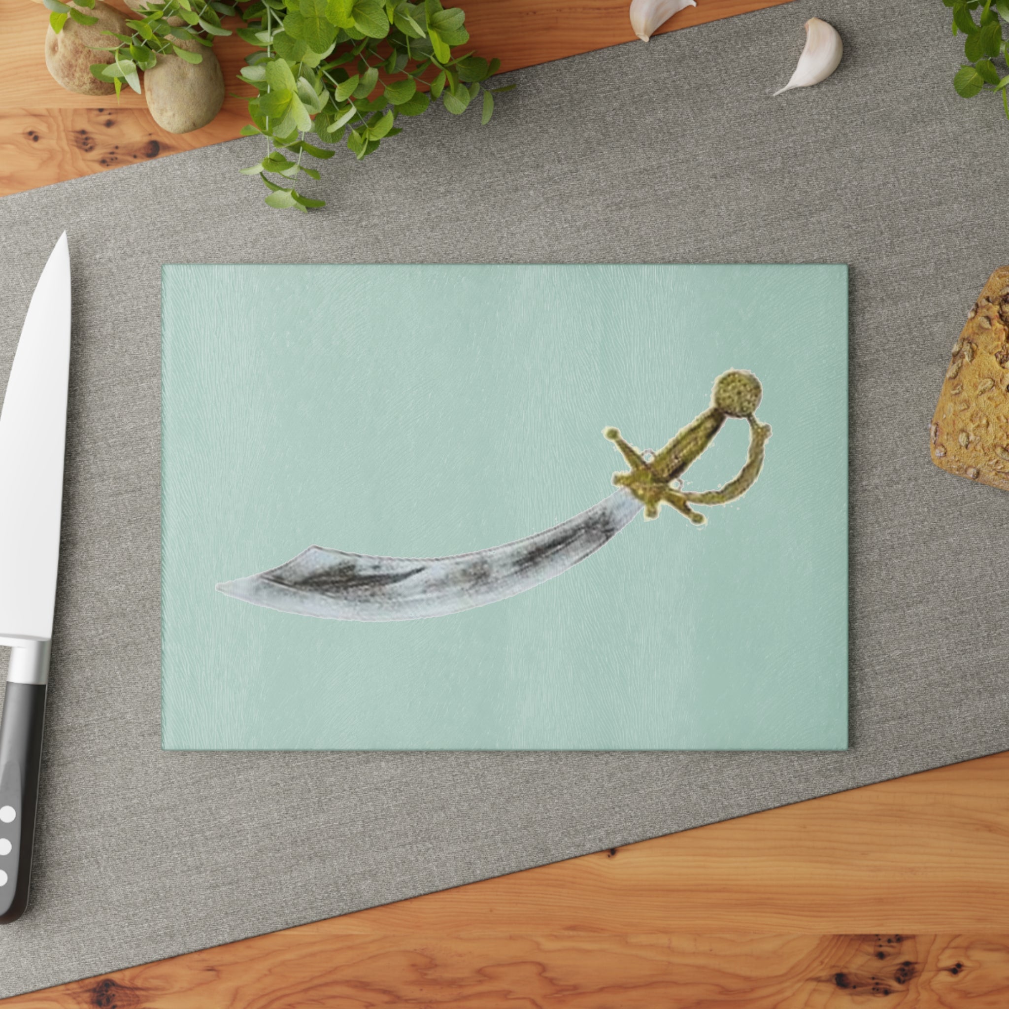 Watercolor Scimitar Sword Glass Cutting Board | Nautical Pirate Kitchen Decor