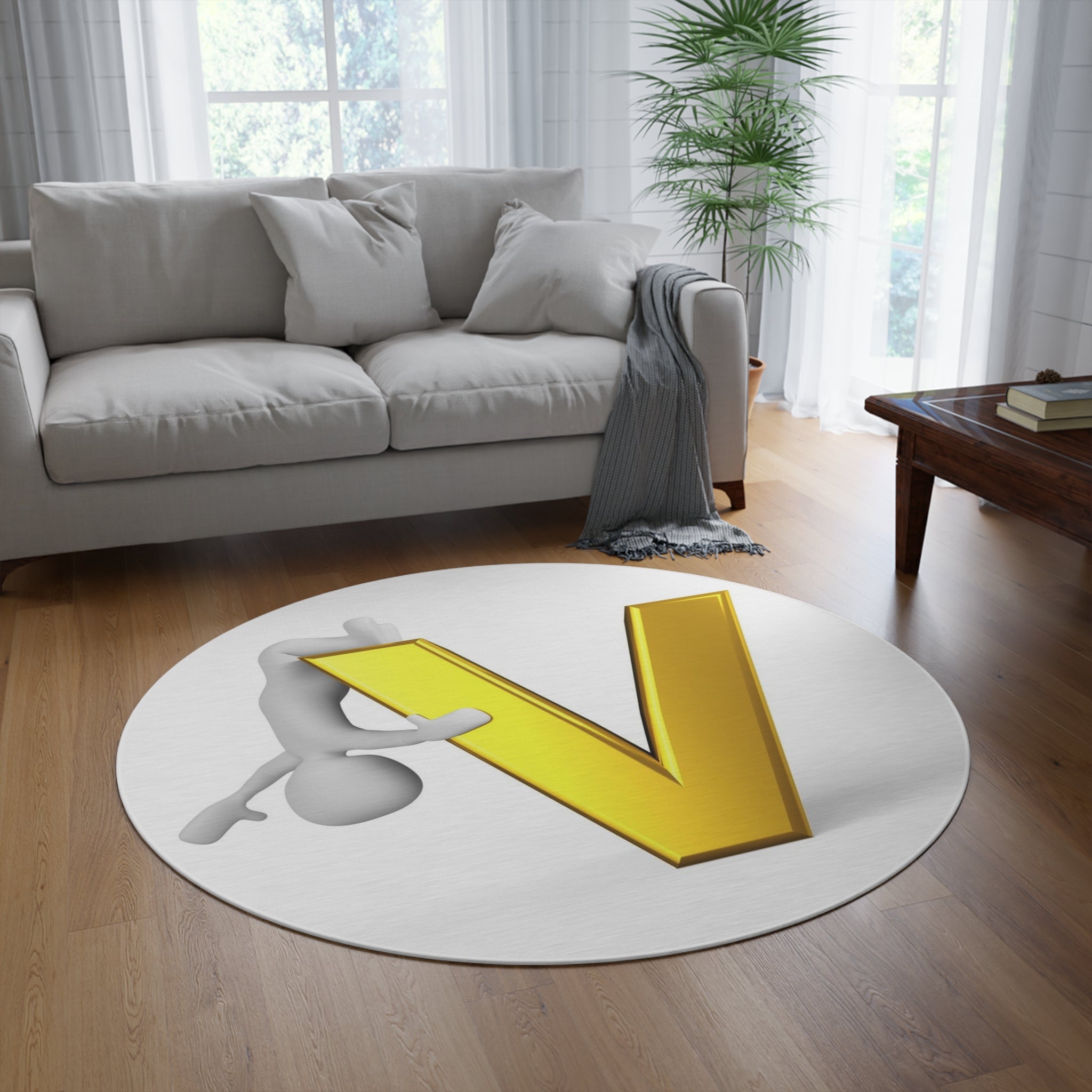 Gold Letter V with Climbing Figure Round Rug | Monogram Accent Rug