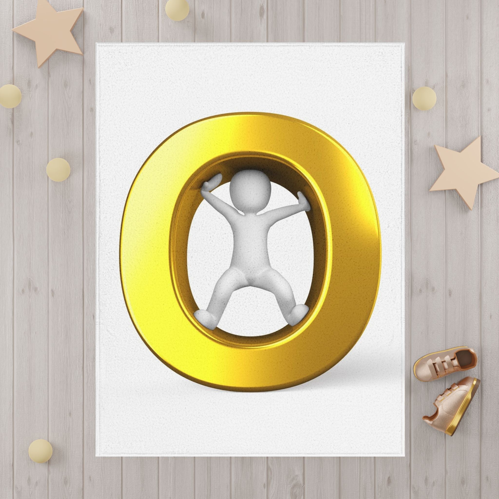 Gold Letter O with Playful Baby Figure Toddler Blanket | Alphabet Nursery