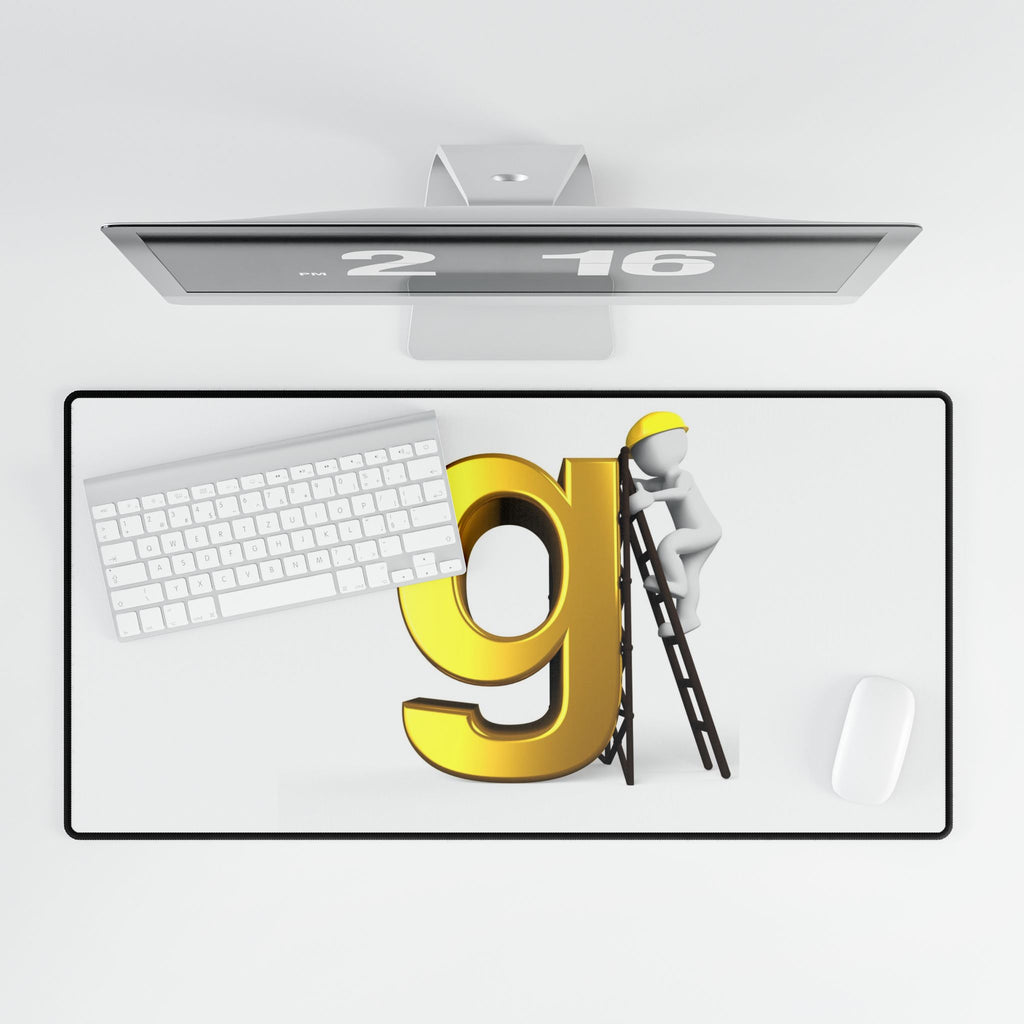 Letter G Construction Desk Mat | Giant Gold G with Worker Illustration