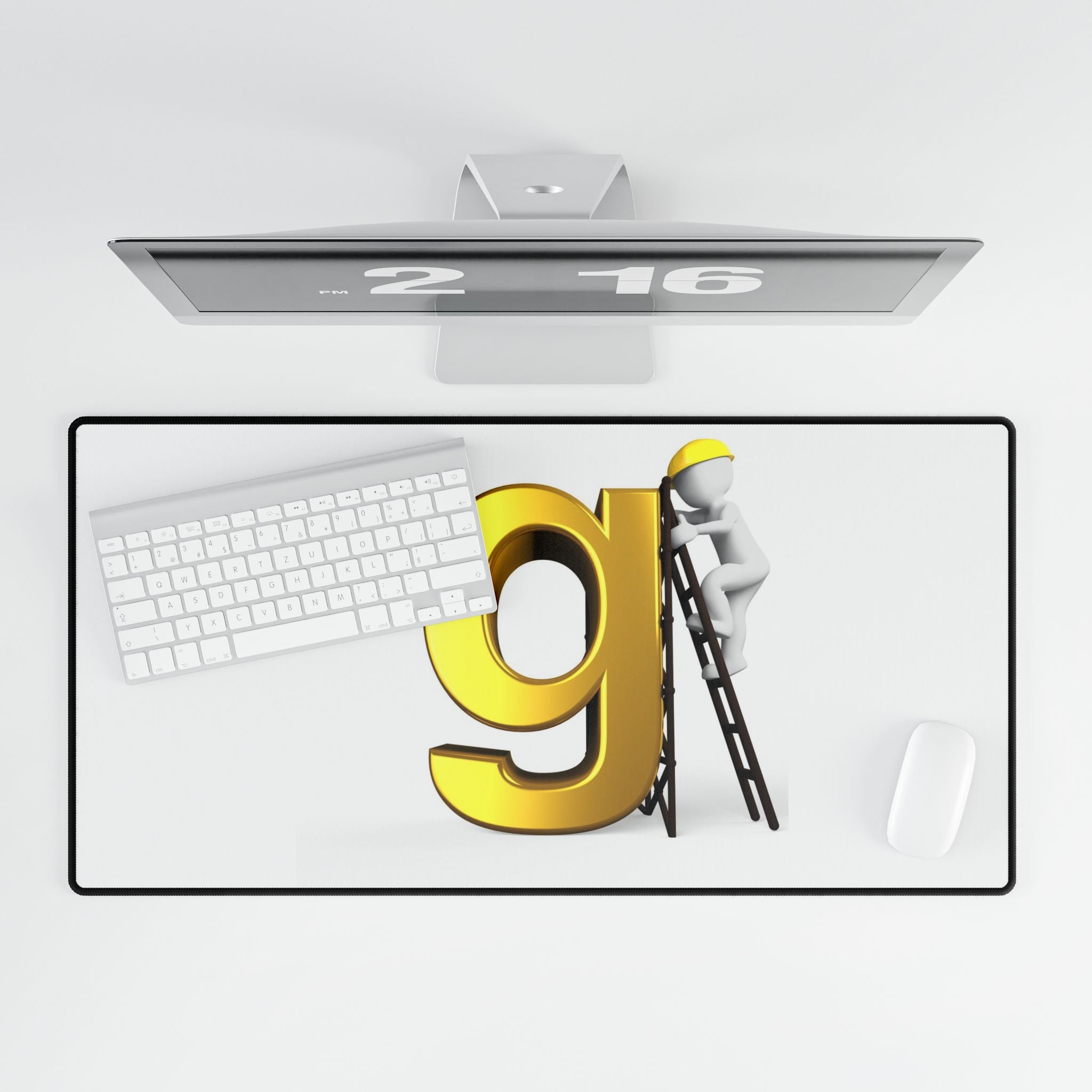 Letter G Construction Desk Mat | Giant Gold G with Worker Illustration