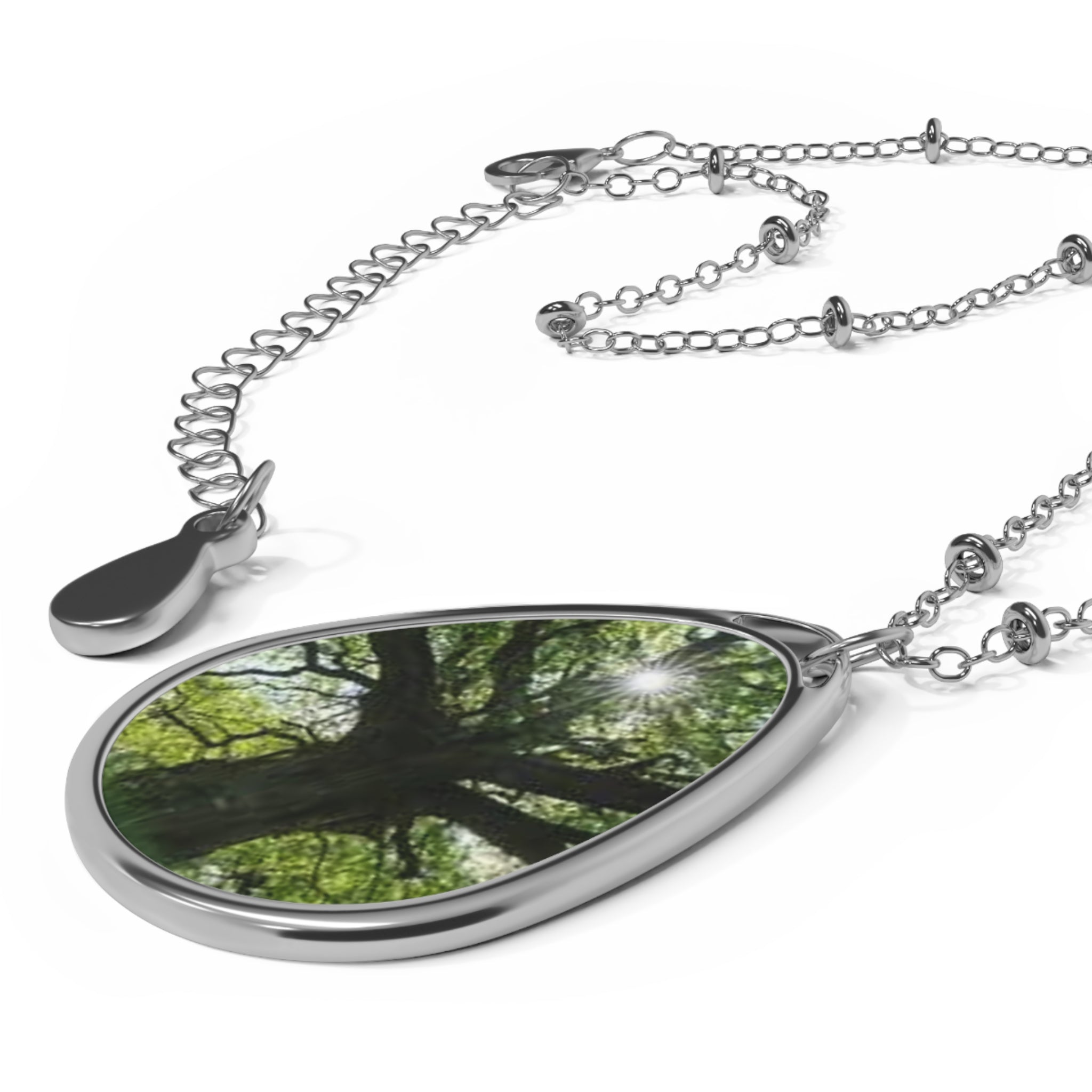Tree of Life Oval Necklace — Silver Teardrop Photo Pendant
