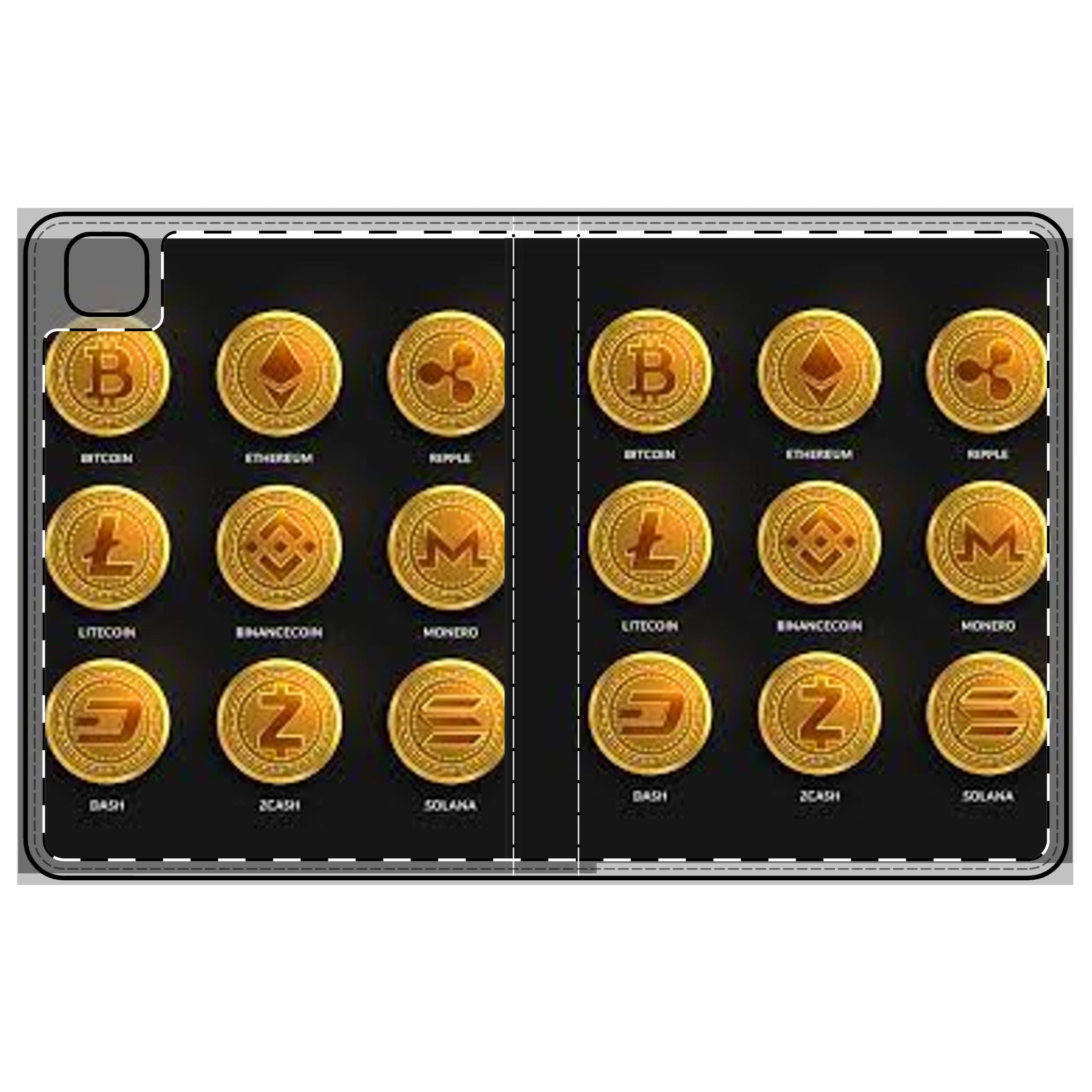 Étui Folio pour Tablette avec Icônes de Cryptomonnaies | Bitcoin Ethereum Ripple Litecoin