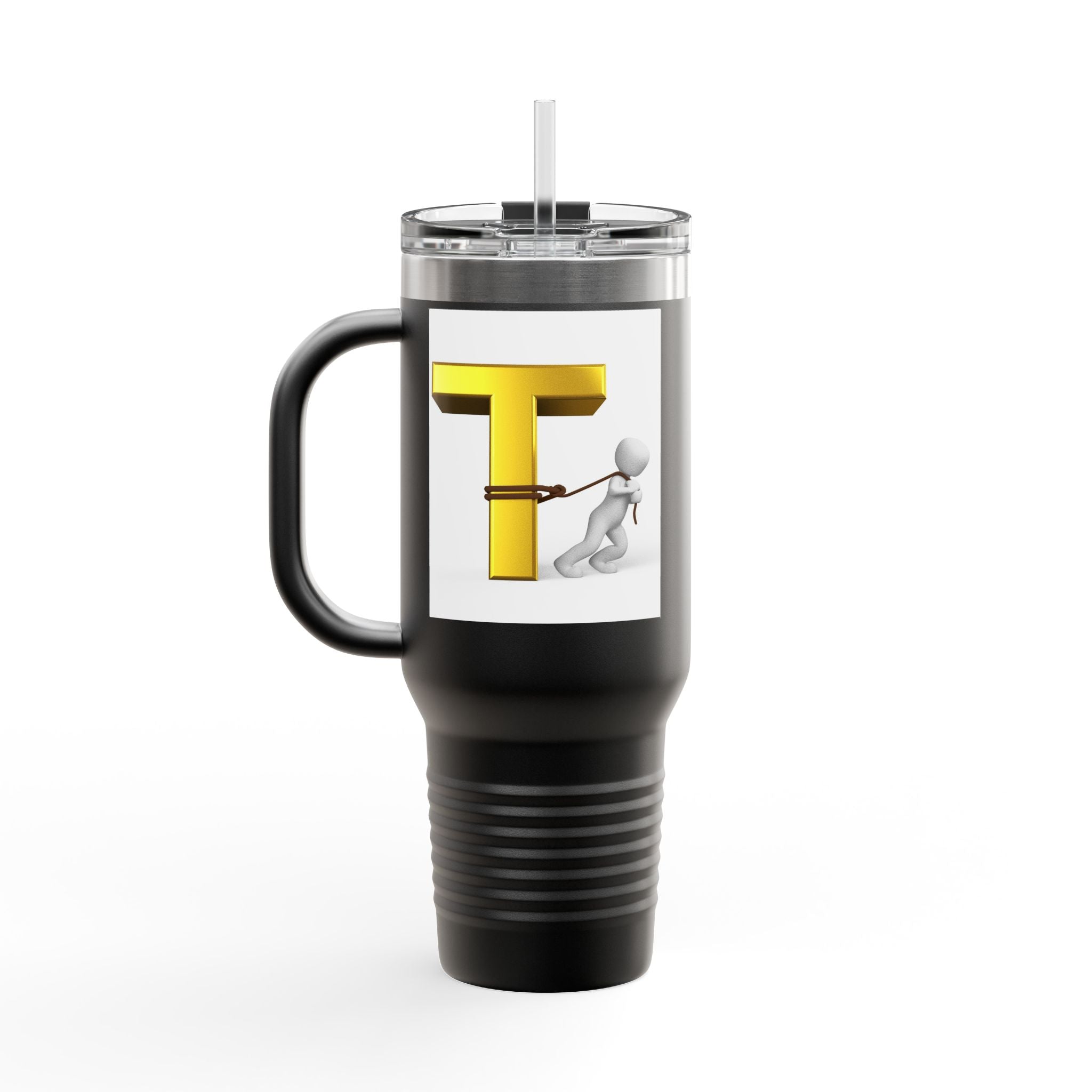 3D Stick Figure Pulling Gold Letter T Travel Mug | 40oz Insulated Tumbler