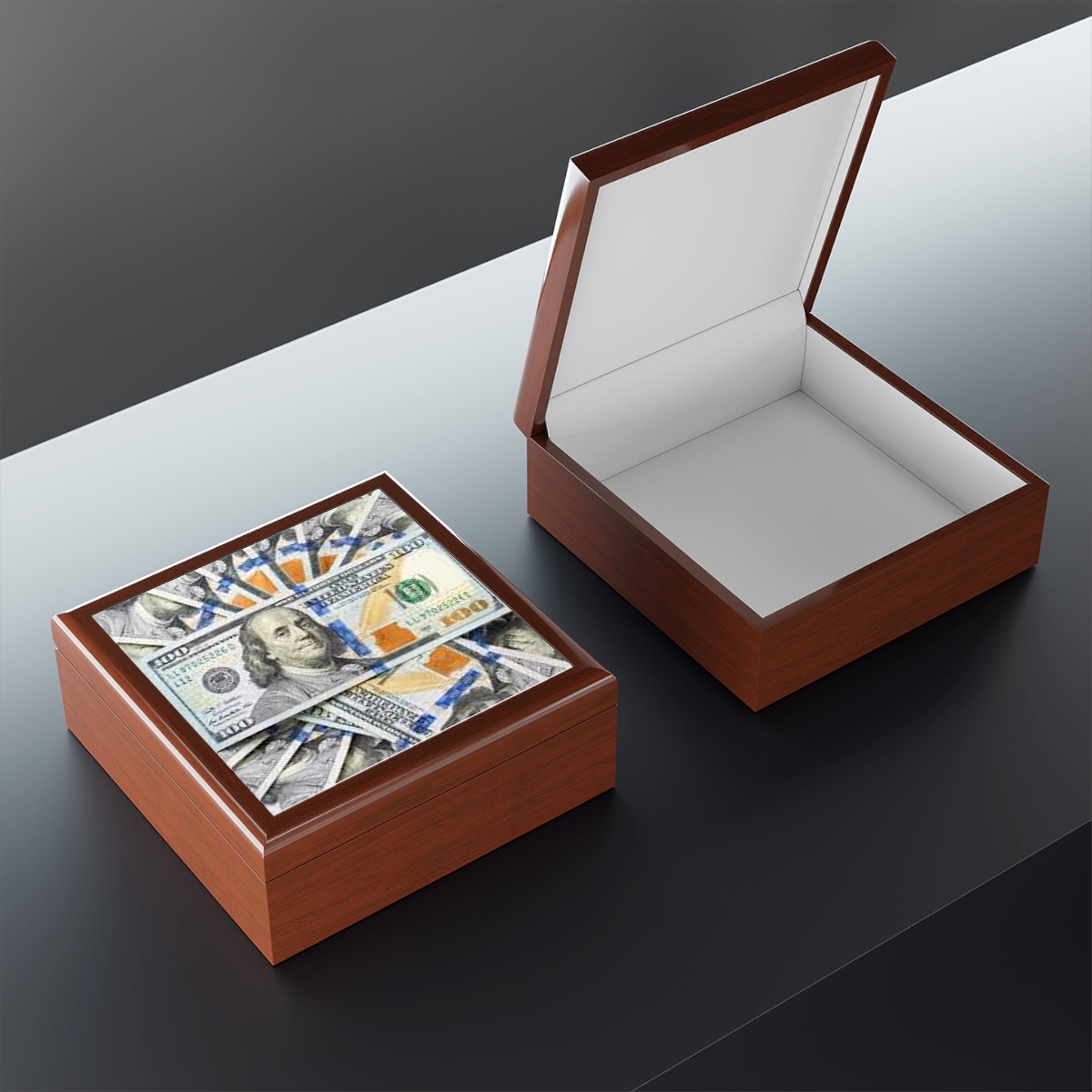 Benjamin Franklin Money Collage Jewelry Box | Black Keepsake Organizer