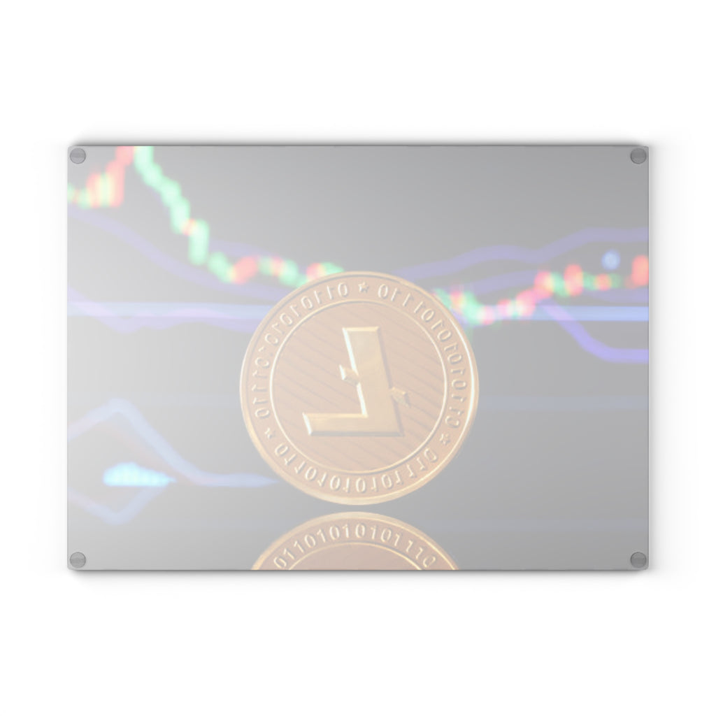 Litecoin Coin with Crypto Market Chart Glass Cutting Board | Cryptocurrency Kitchen Decor
