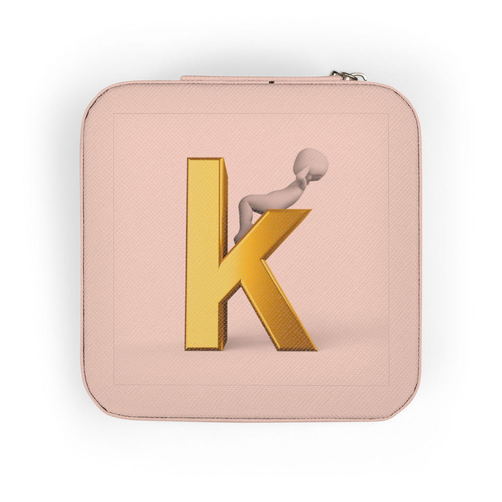 Gold Letter K Monogram Jewelry Travel Case | Compact Pink Keepsake Box