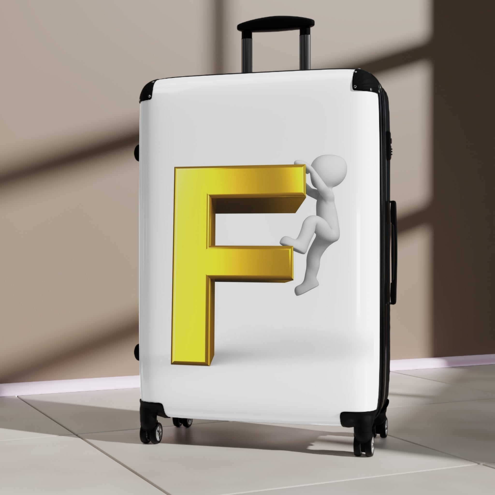 3D Yellow Letter F with Climbing Figure Suitcase | Monogram Luggage