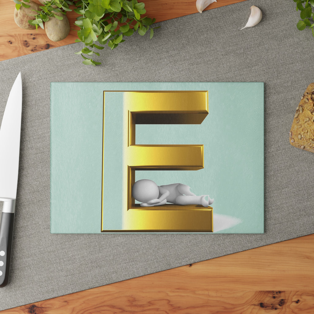 Gold 3D Letter E with Sleeping Figure Glass Cutting Board | Monogram Initial