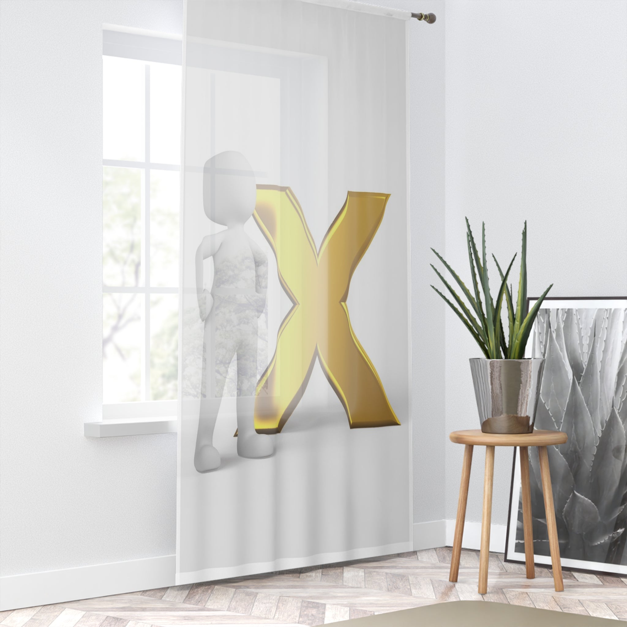 Gold X Letter with 3D Figure Window Curtain | Modern Alphabet Decor