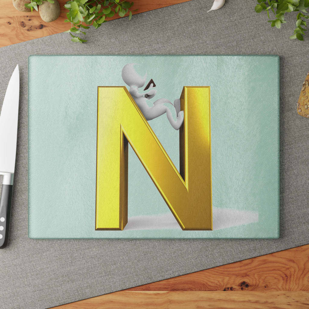 Gold Letter N with 3D Figure Glass Cutting Board | Monogram Kitchen Decor