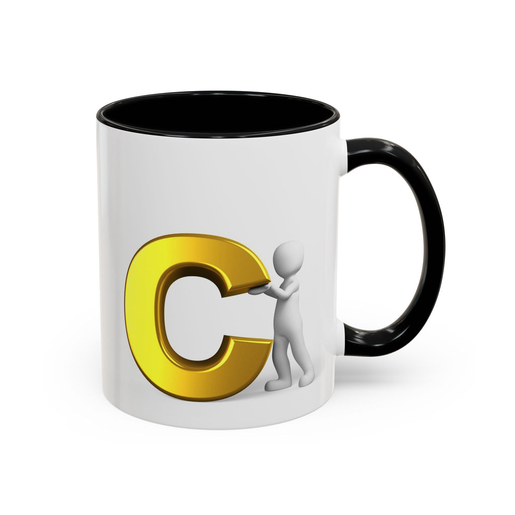 3D Stick Figure Holding Gold Letter C Accent Coffee Mug | Initial Monogram Mug