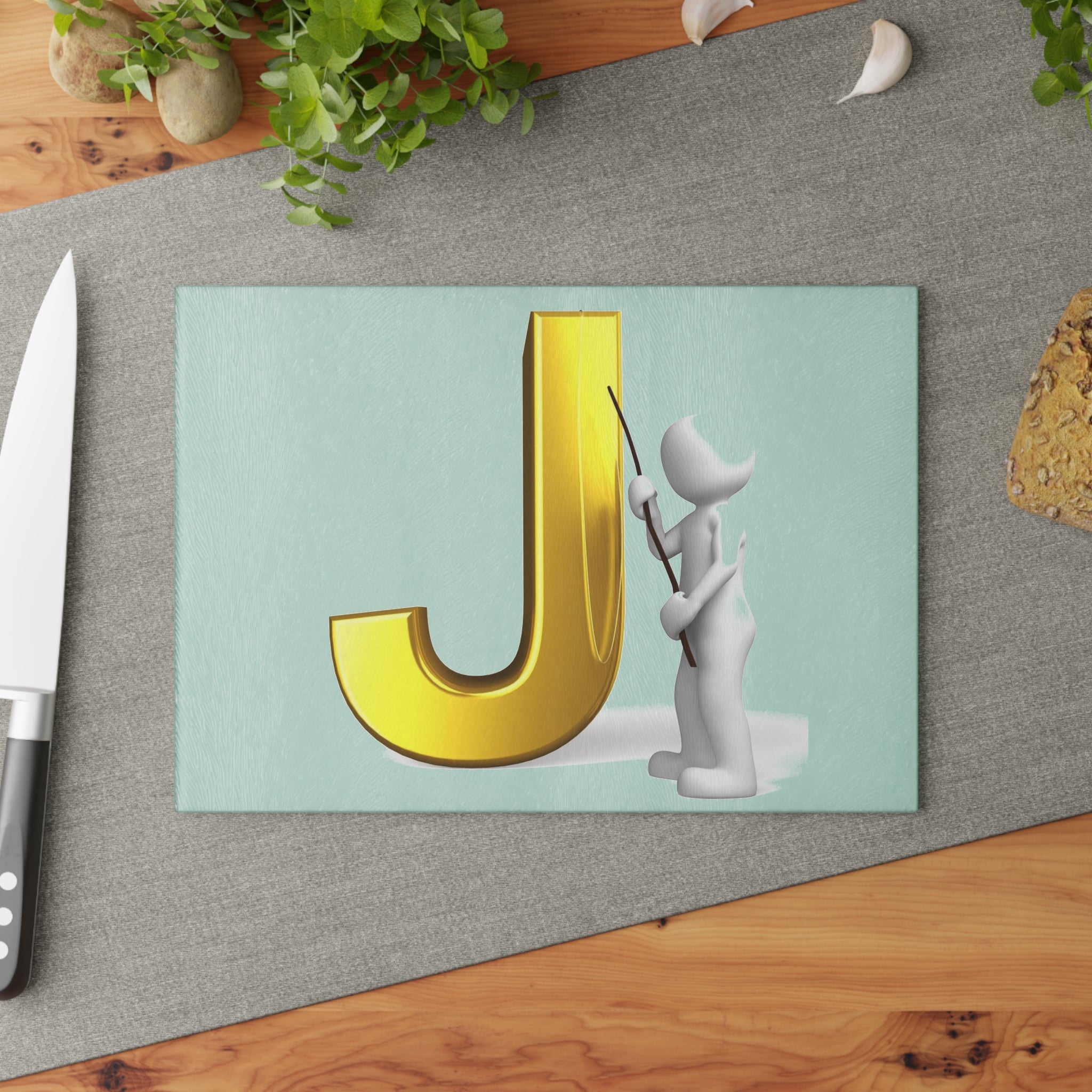 Gold Letter J Initial Glass Cutting Board | Monogram Kitchen Decor
