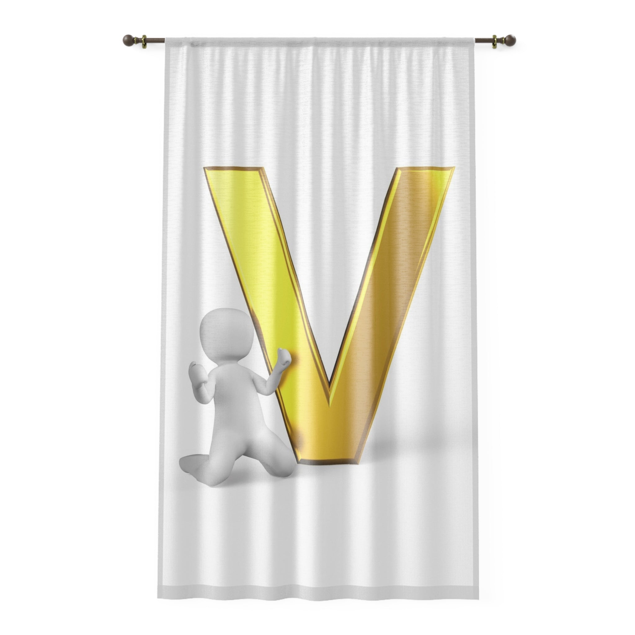 Gold Letter V with Kneeling Figure Window Curtain | Initial V Sheer Panel