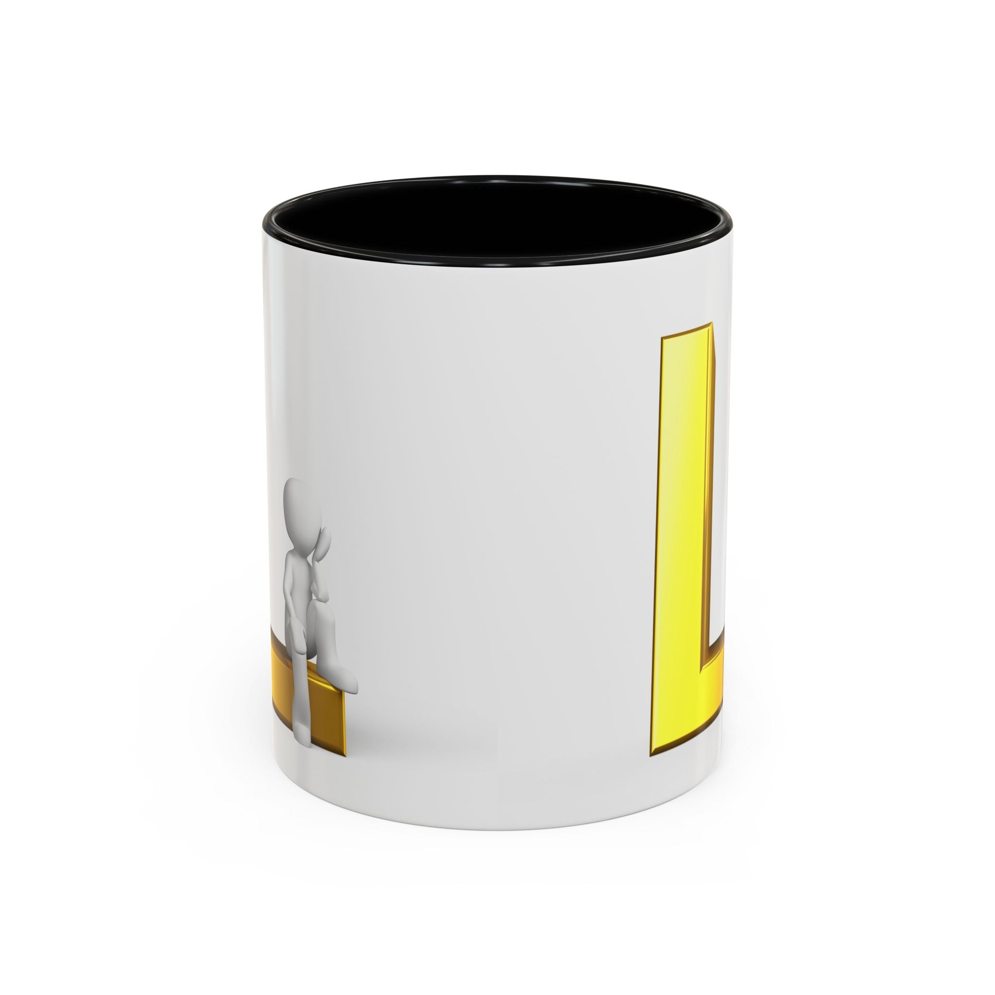 3D Person Sitting on Gold Letter L Mug | Accent Coffee Mug 11oz 15oz