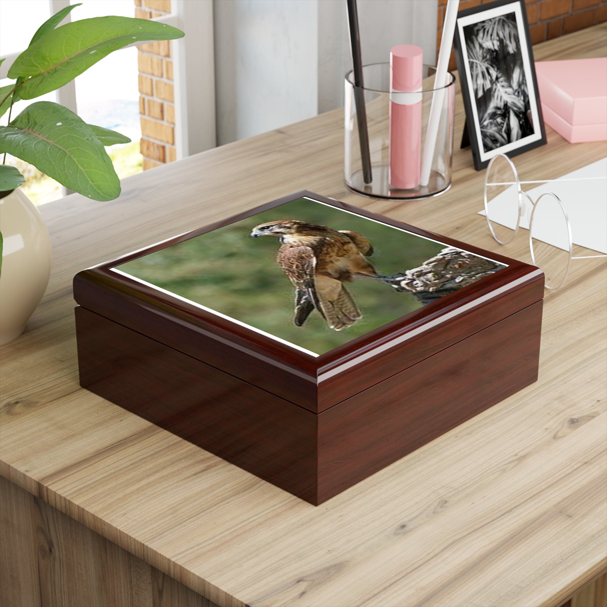 Brown Hawk Illustration Jewelry Box | Bird Photo Trinket Case