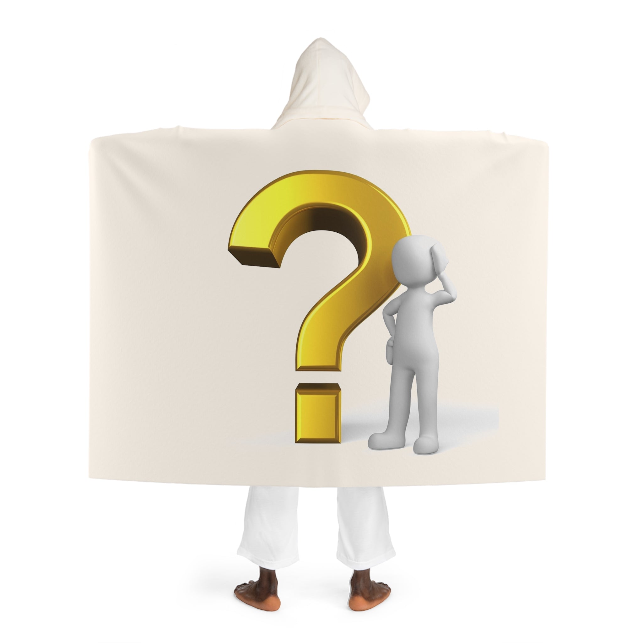 Cream Hooded Sherpa Fleece Blanket | Gold Question Mark With Figure
