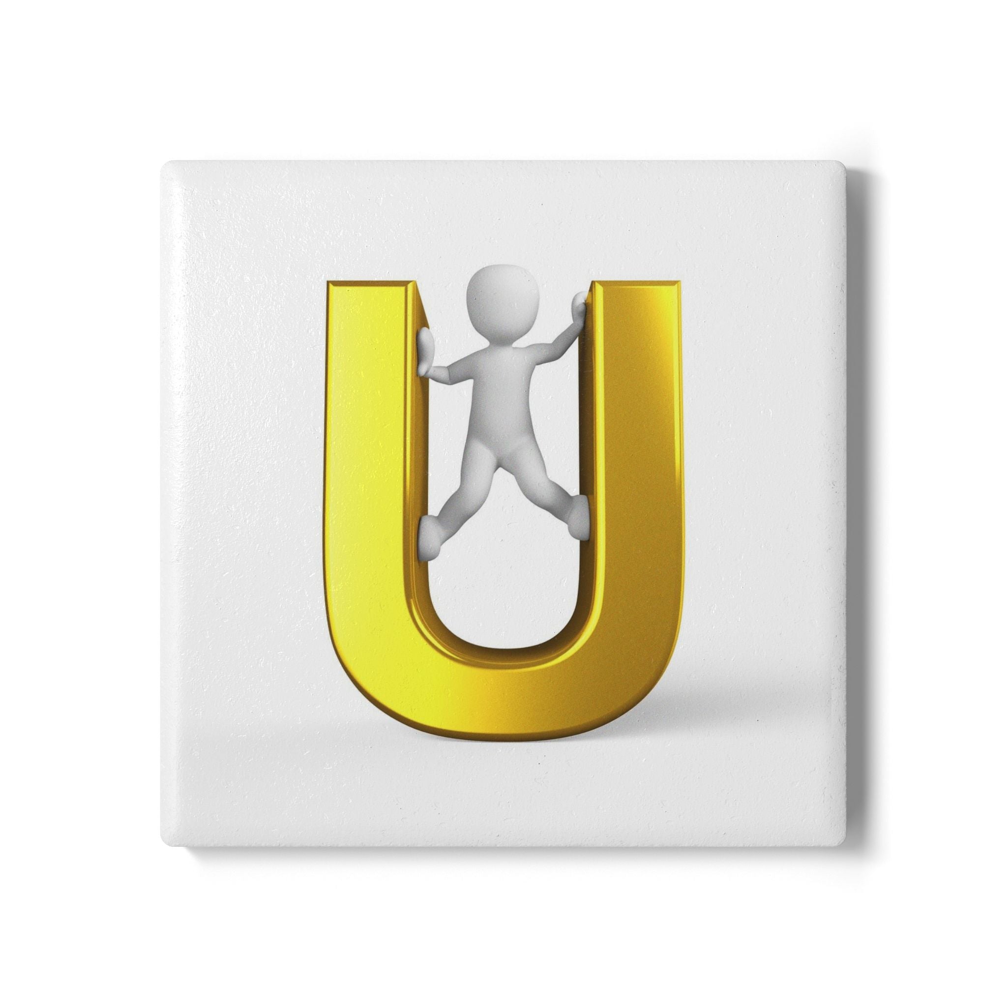 Gold Letter U with Climber Ceramic Coaster | Monogram Initial Coaster