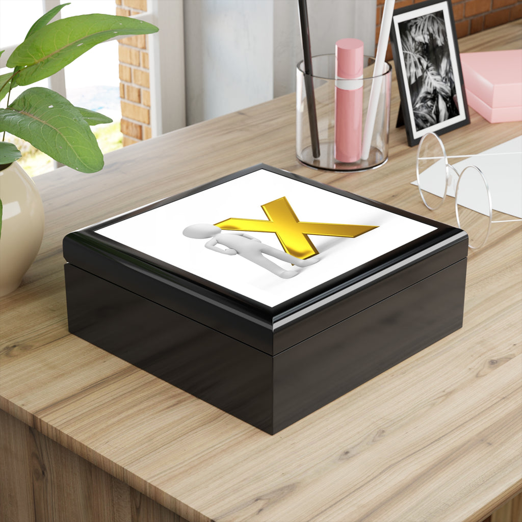 3D Stick Figure with Gold X Jewelry Box | Personalized Trinket Keepsake