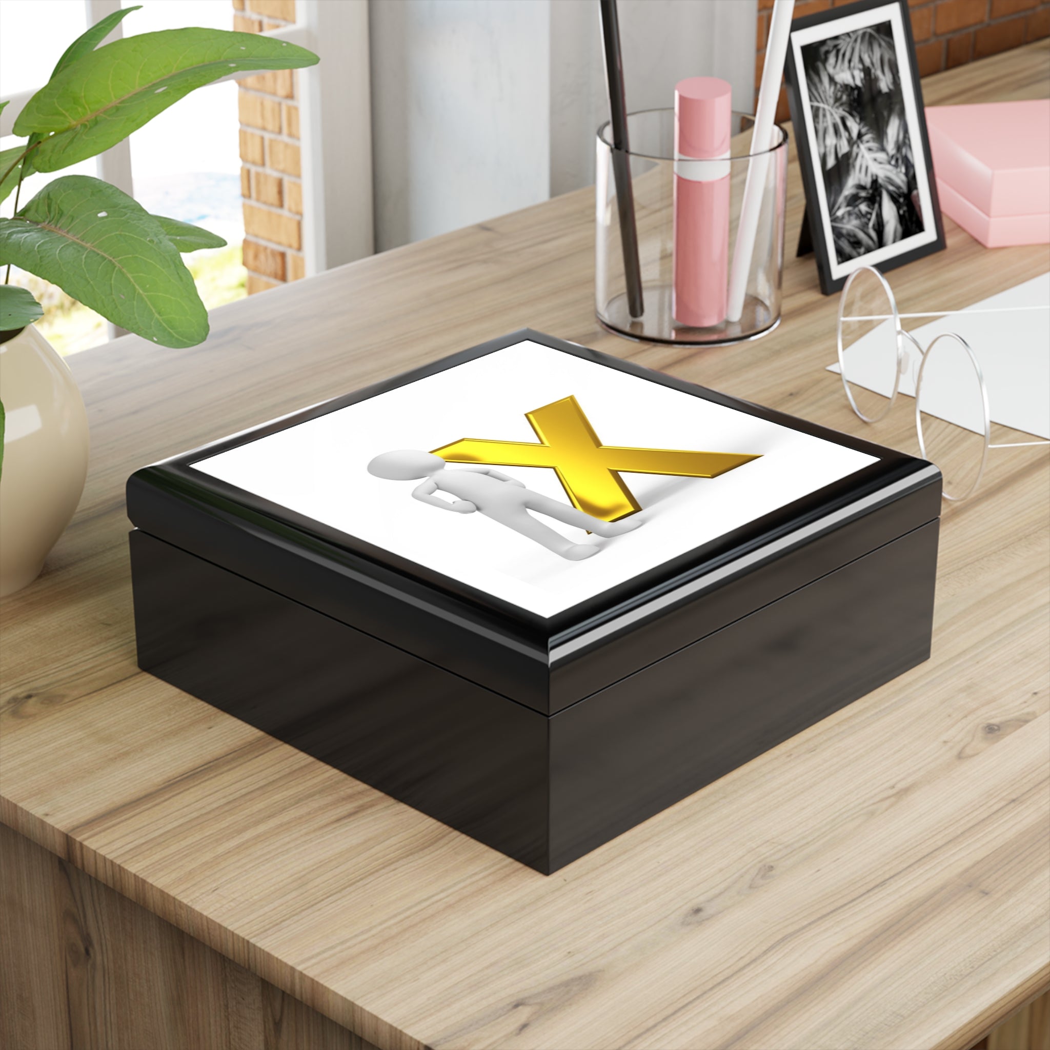 3D Stick Figure with Gold X Jewelry Box | Personalized Trinket Keepsake