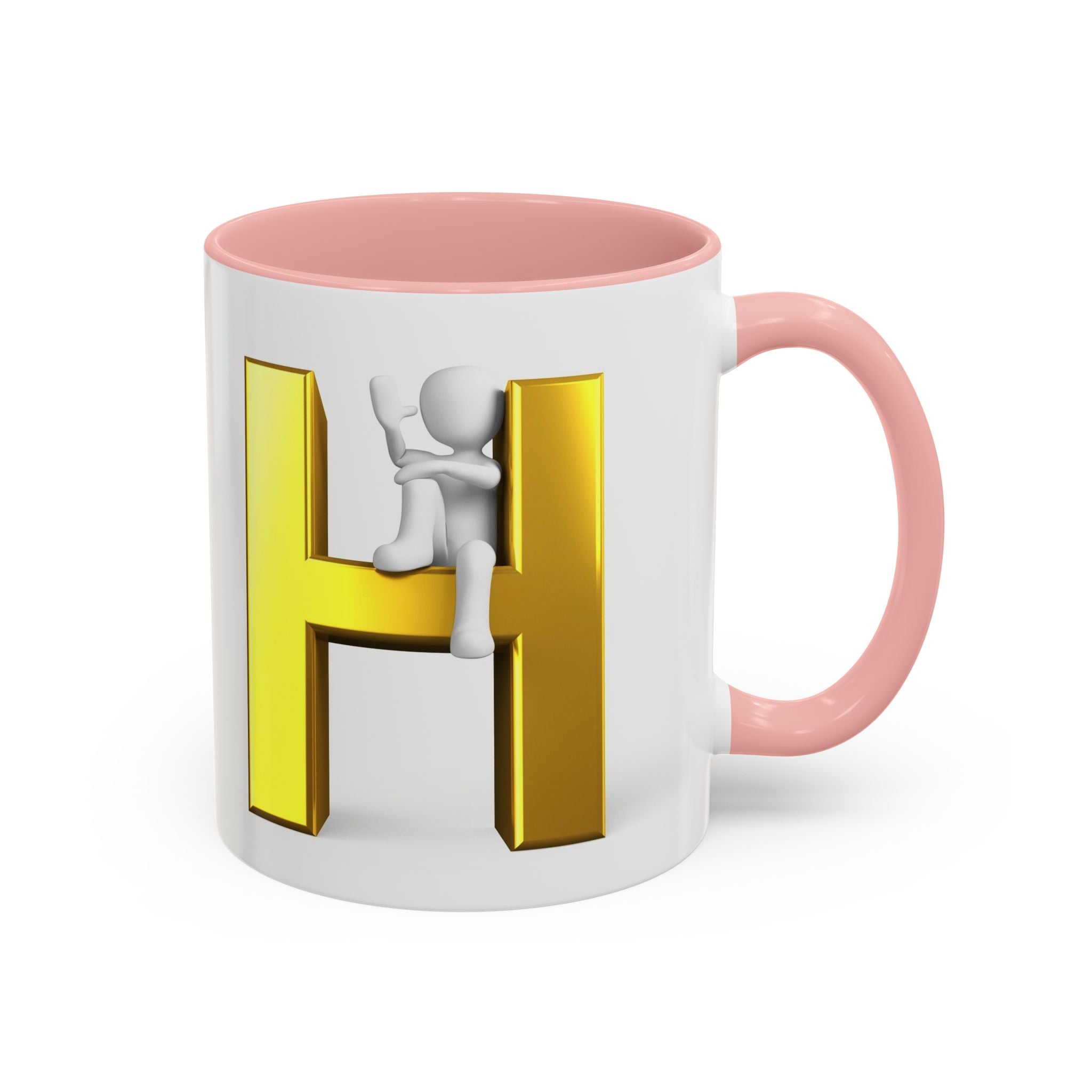 Mug en céramique avec bonhomme allumette 3D accroché à la lettre H dorée | Mug à anse de couleur