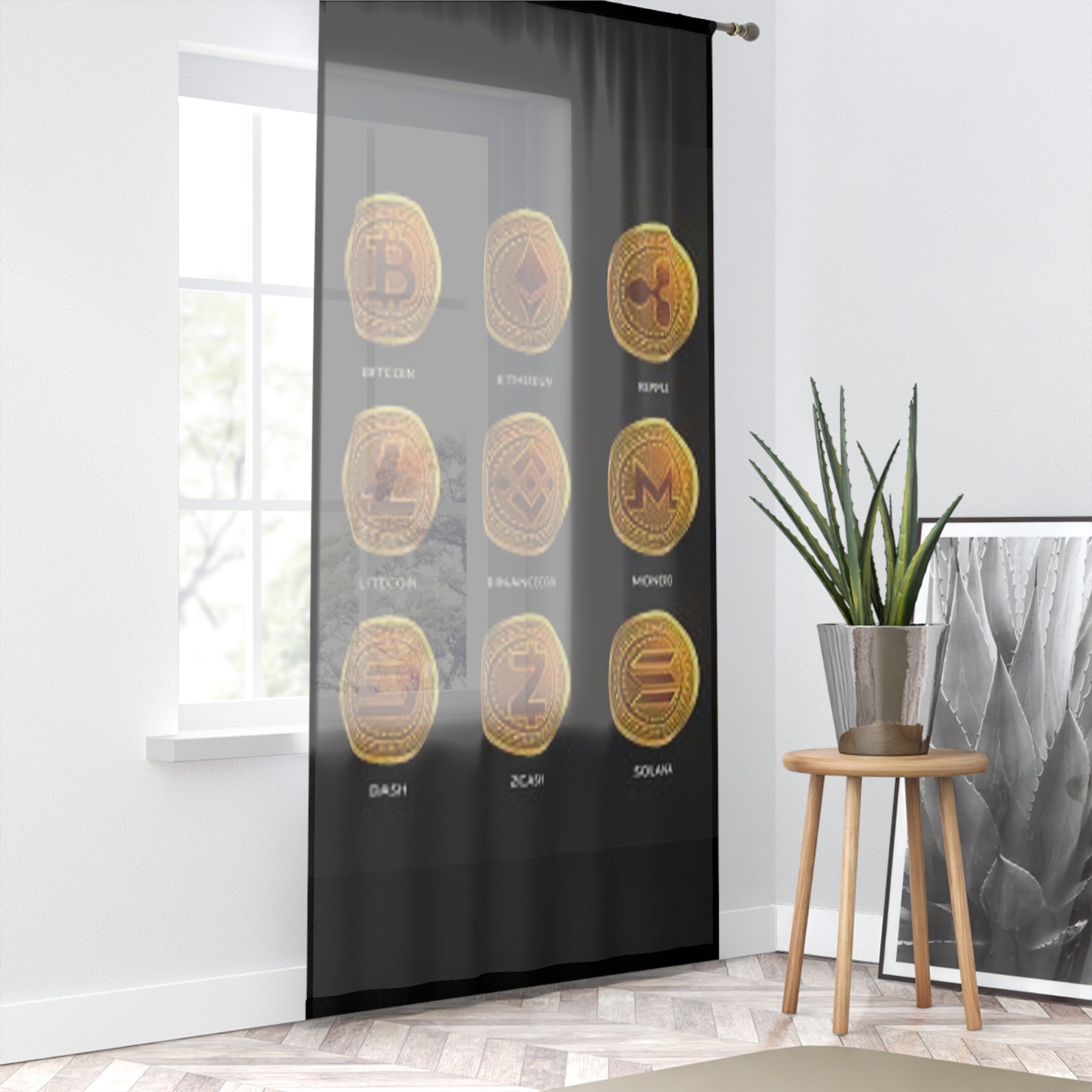 Cryptocurrency Coin Icons Window Curtain | Bitcoin Ethereum Ripple Litecoin Monero