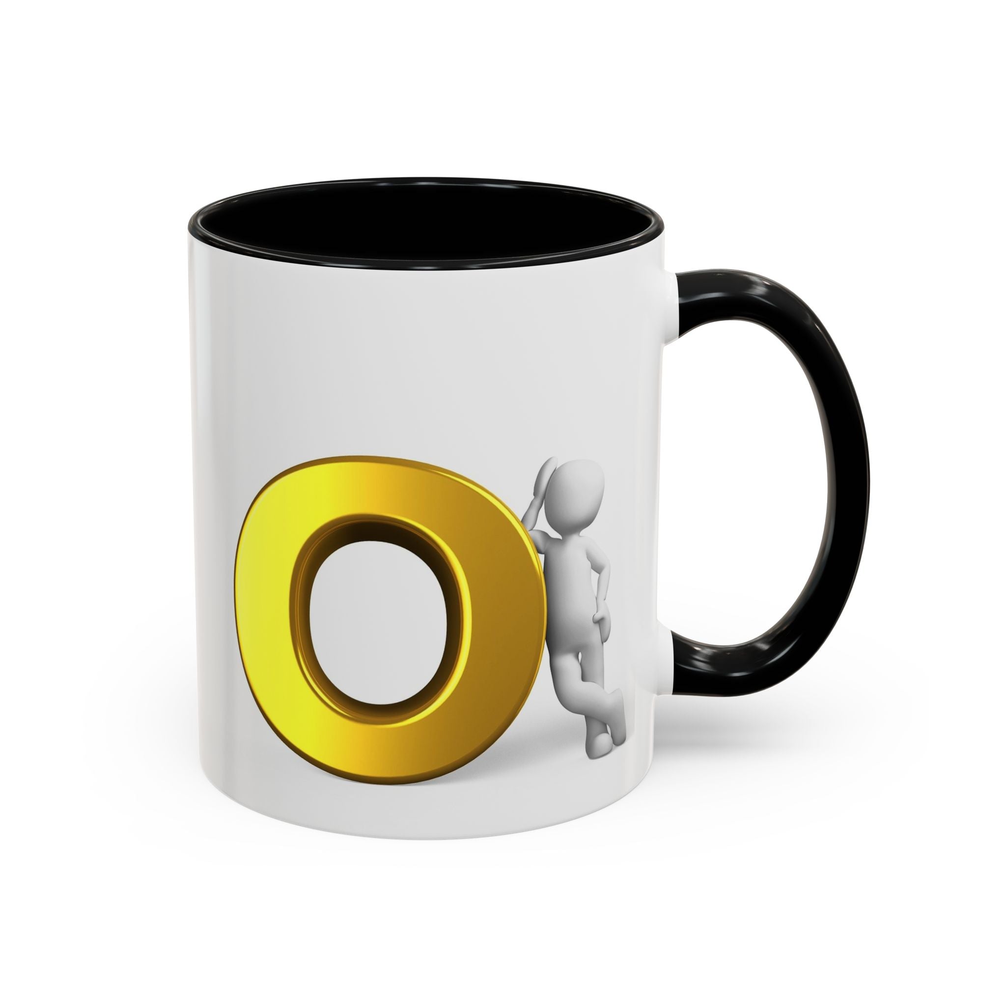3D Strichmännchen, das sich an Goldbuchstaben O Tasse lehnt | Akzent-Kaffeetasse